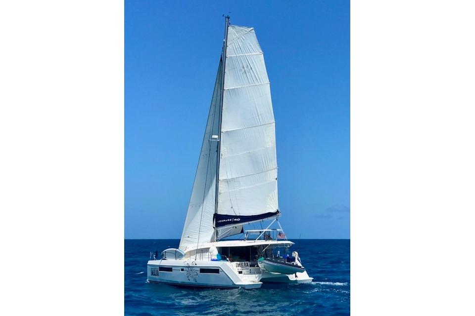 2017 Leopard 40 catamaran sailing on open blue sea under clear skies.