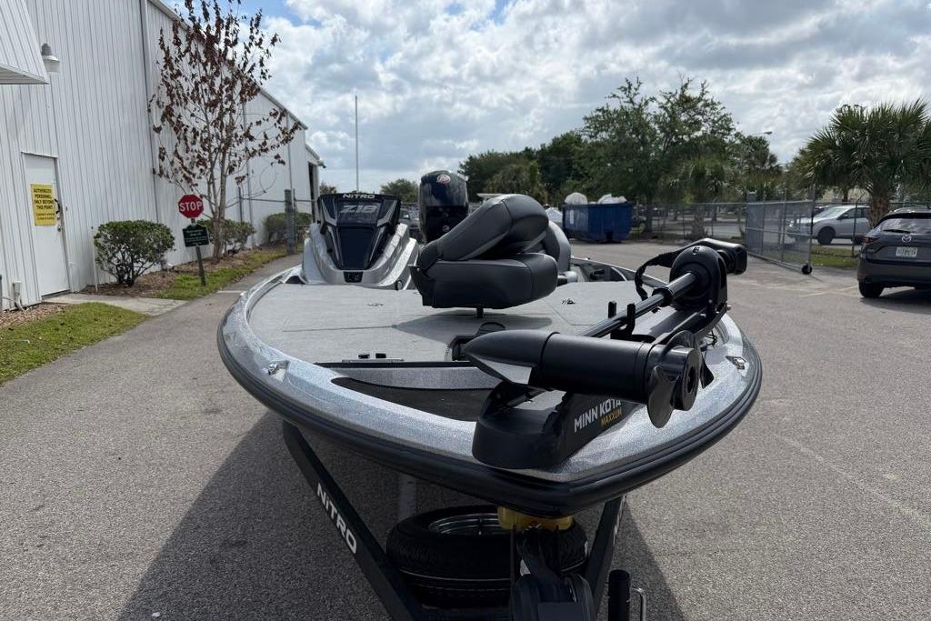 2026 Nitro Z18 boat parked outdoors, featuring sleek design and advanced equipment.