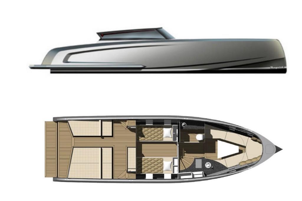 2014 Vanquish Yachts VQ43 luxury yacht with sleek design and detailed interior layout.