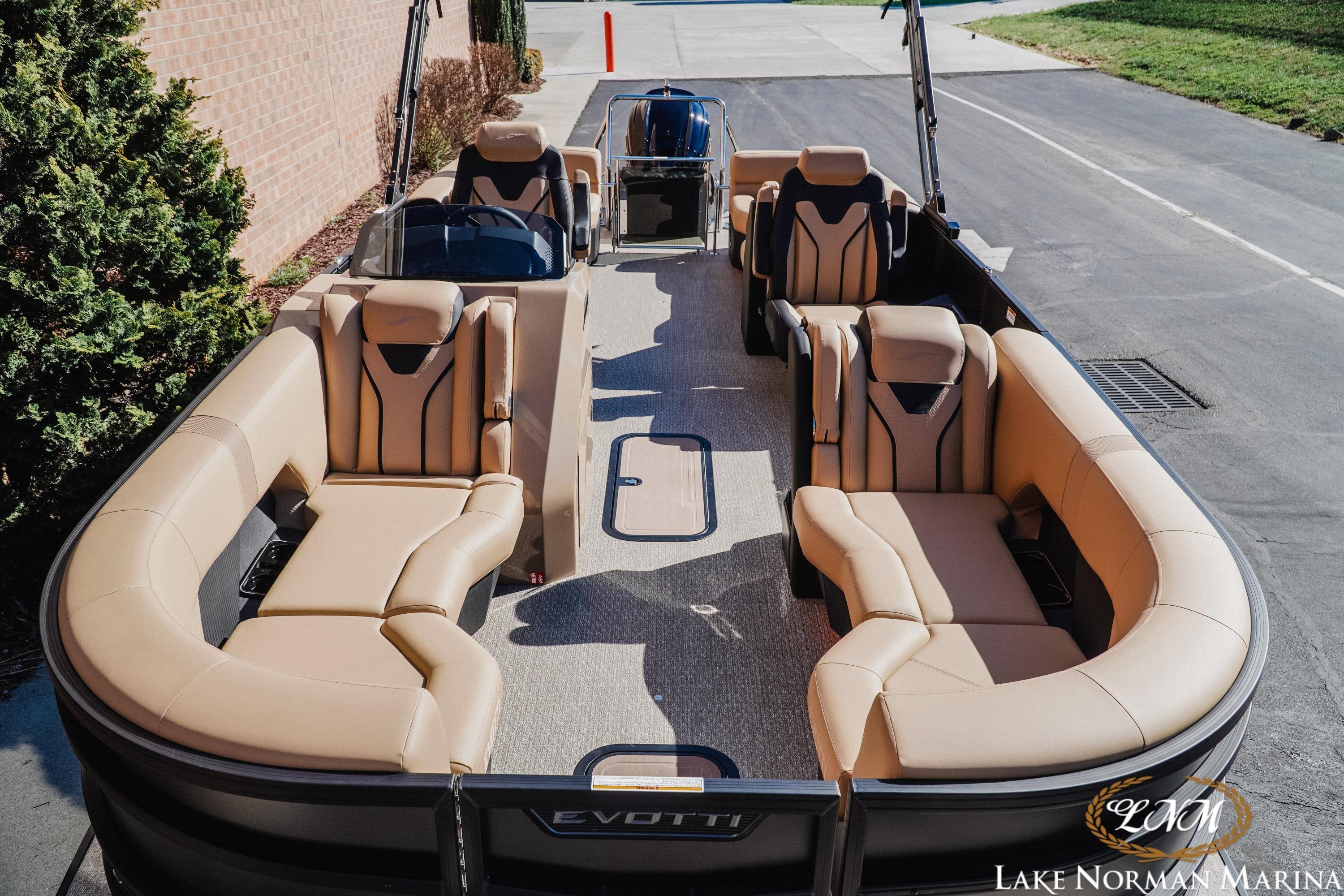 2026 Evotti 723QL luxury pontoon boat with spacious seating at Lake Norman Marina.