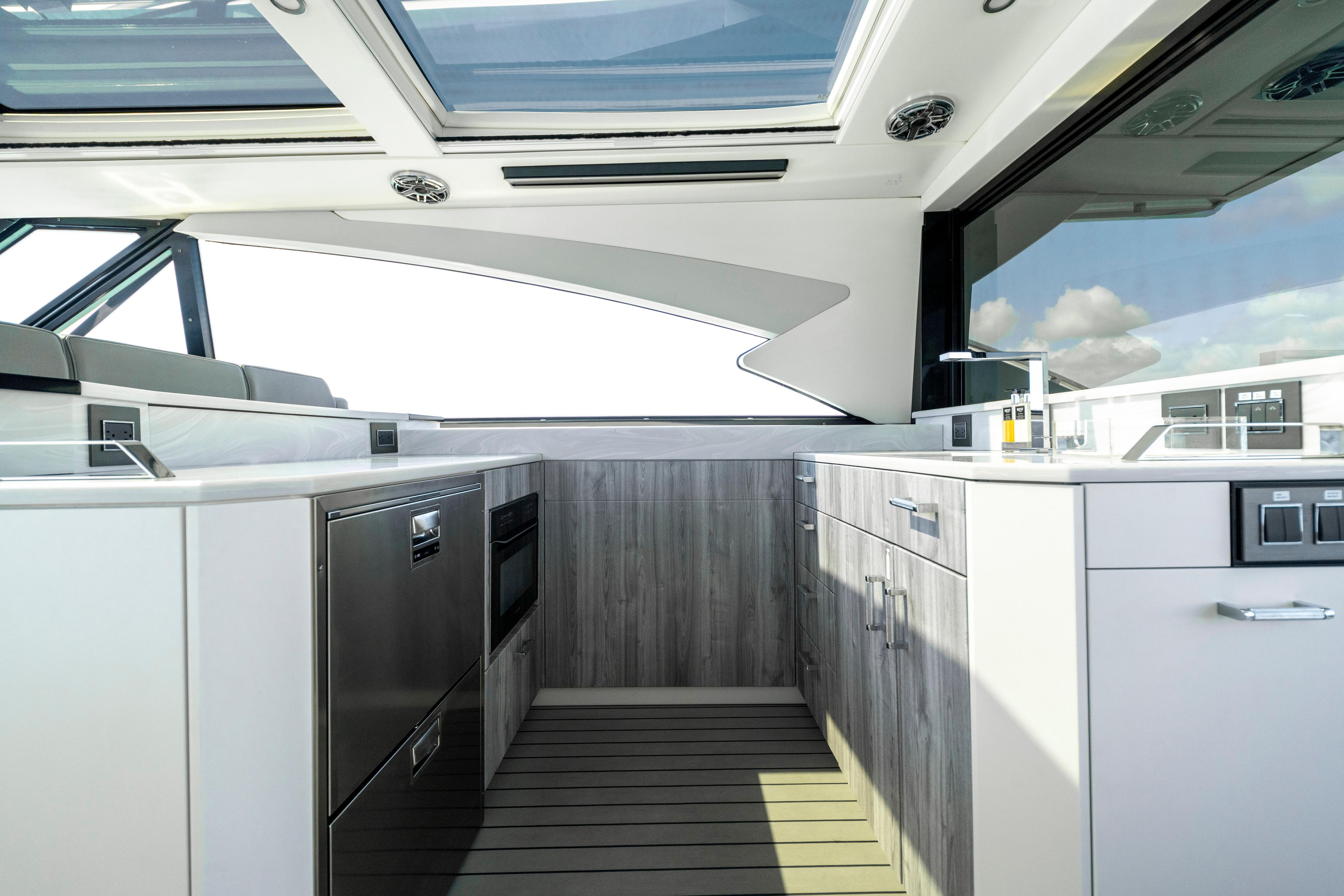 Luxurious interior of 2022 Formula 500 Super Sport Crossover yacht kitchen.