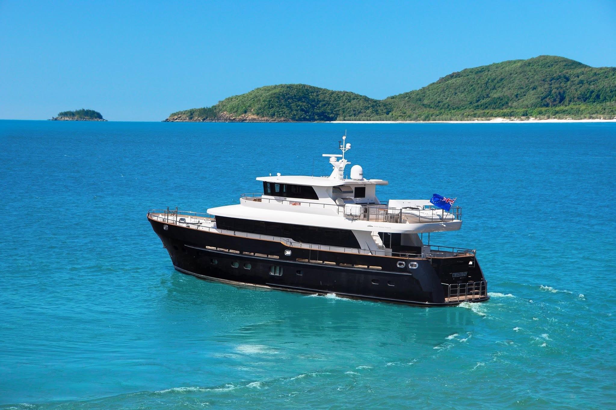 2014 Fifth Ocean Yachts 24m Displacement Explorer Yacht cruising in blue waters.