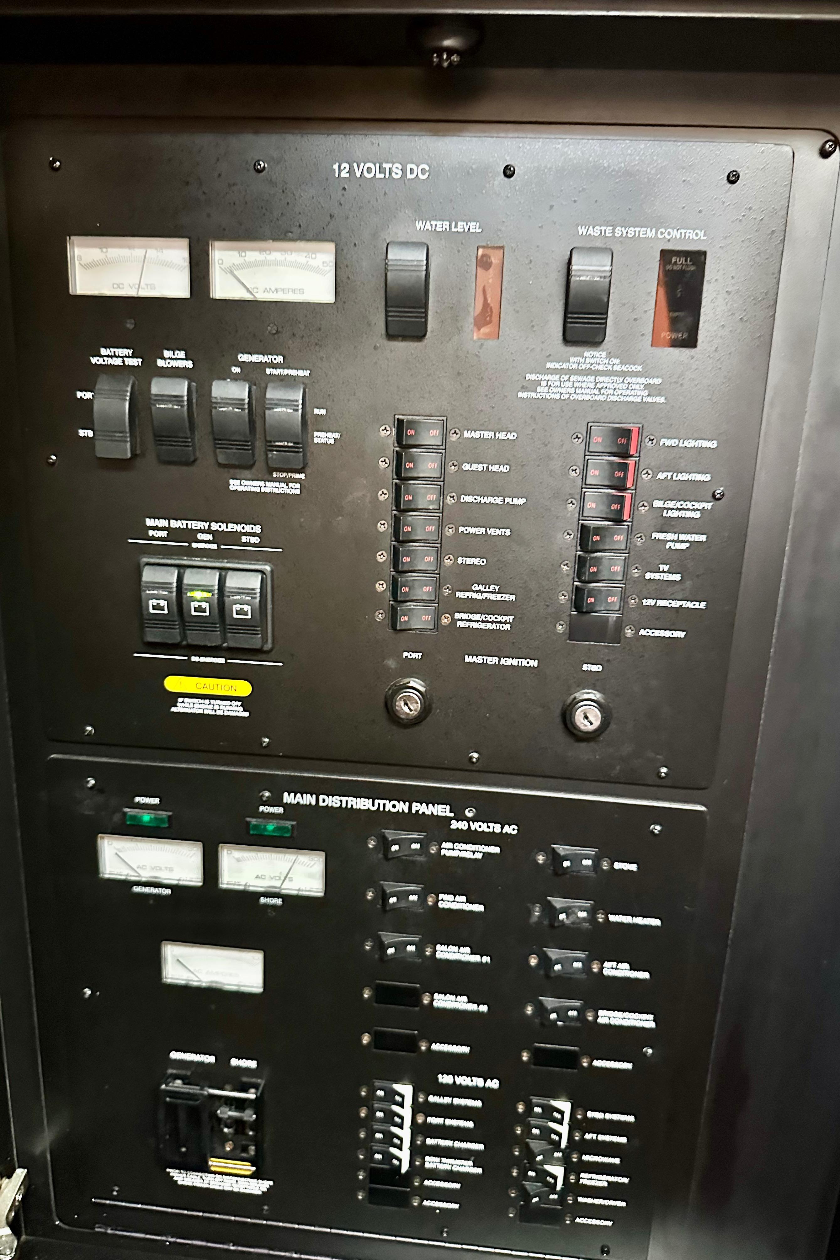 Electrical control panel of a 2005 Sea Ray 48 Sundancer yacht.