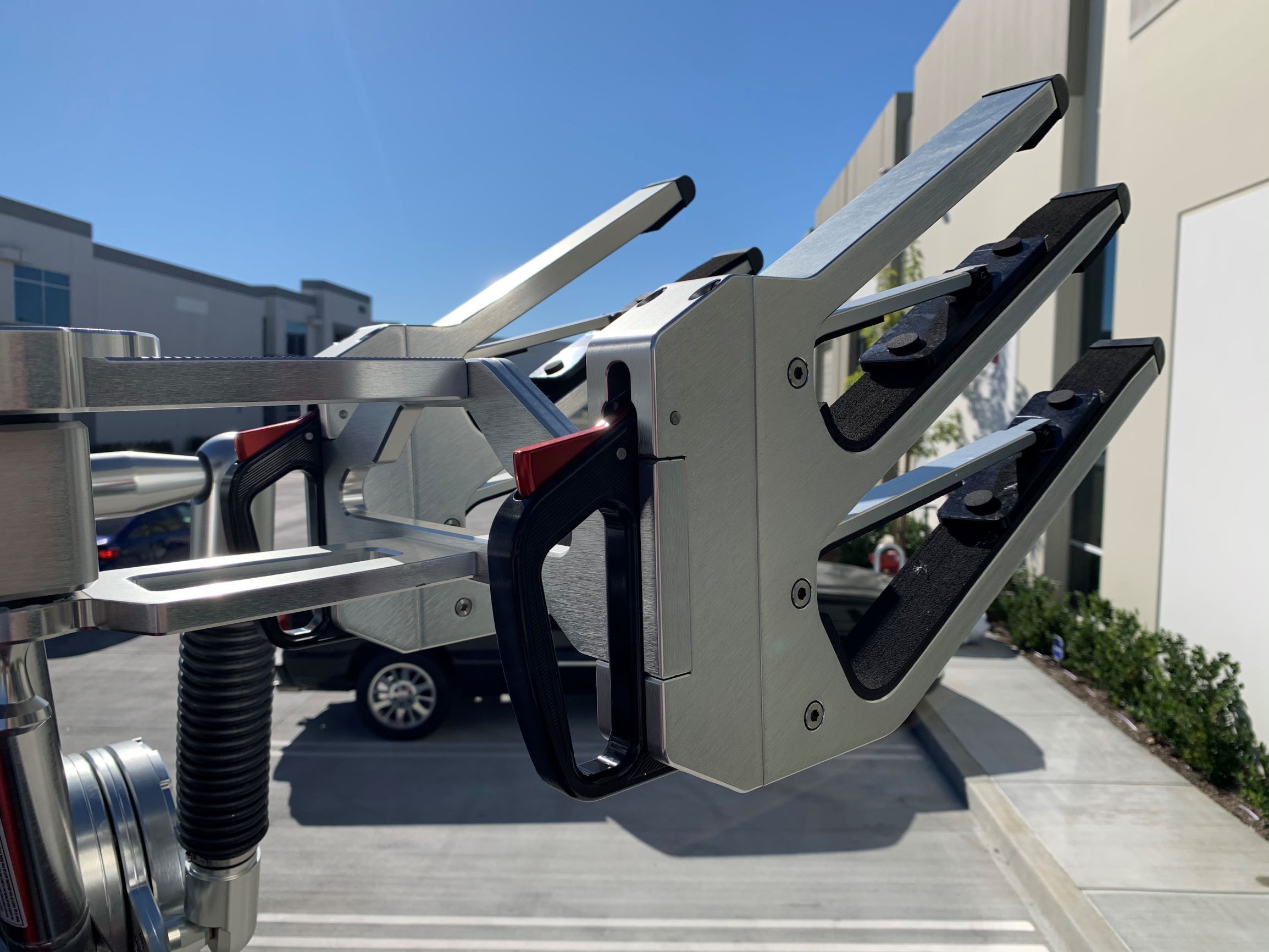 Close-up of a modern boat accessory with metal and plastic components.