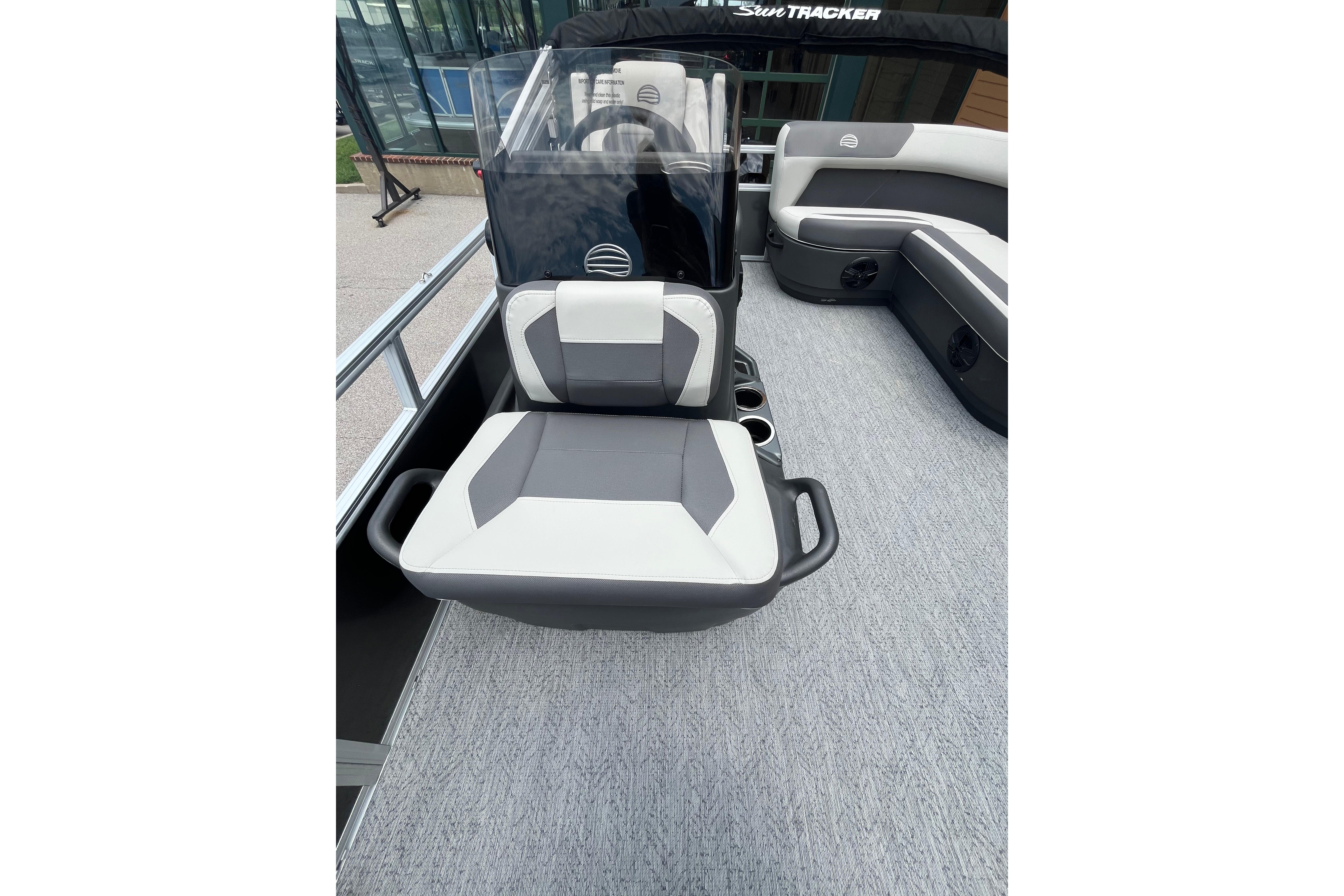 2026 Sun Tracker Bass Buggy 16 XL Select boat interior with gray and white seating.