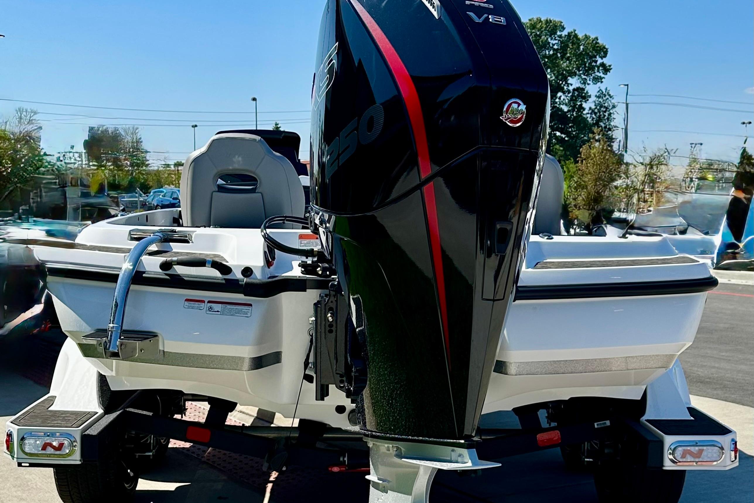 2026 Nitro Z21 XL Pro boat with powerful V8 engine, parked outdoors.