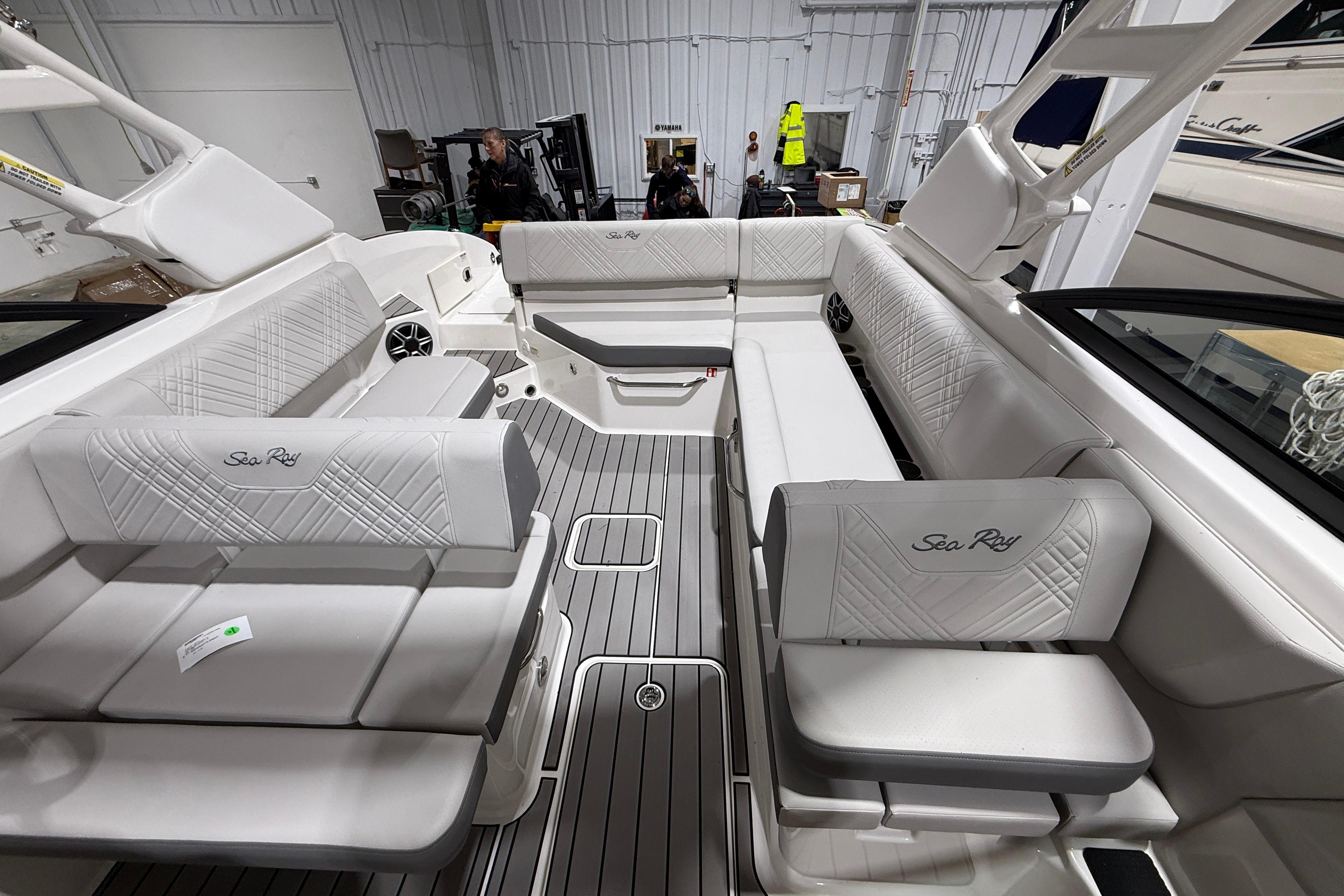 2026 Sea Ray SDX 270 boat interior with luxurious seating and modern design.