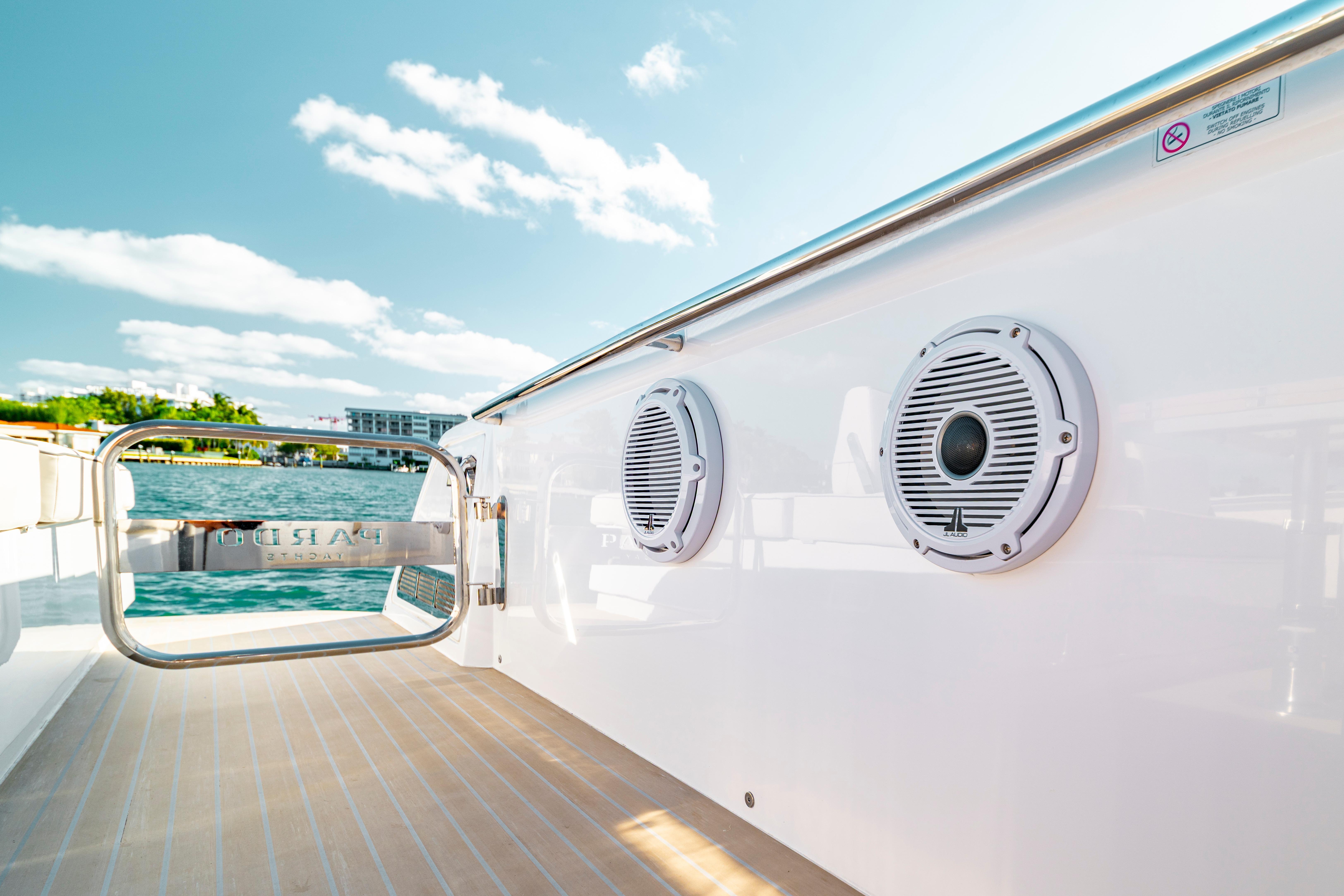 2024 Pardo Yachts P43 deck with speakers and ocean view.