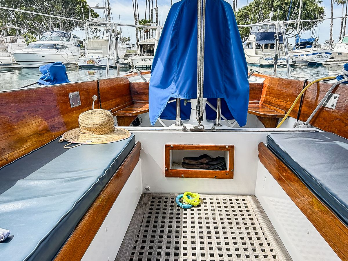 Interior of a 1966 Columbia 50 yacht docked in marina.