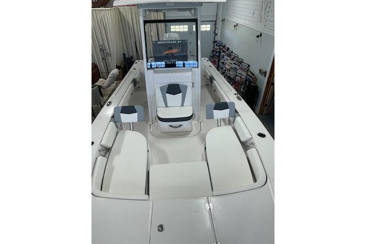2024 Robalo 246 Cayman boat interior with spacious seating and modern console design.