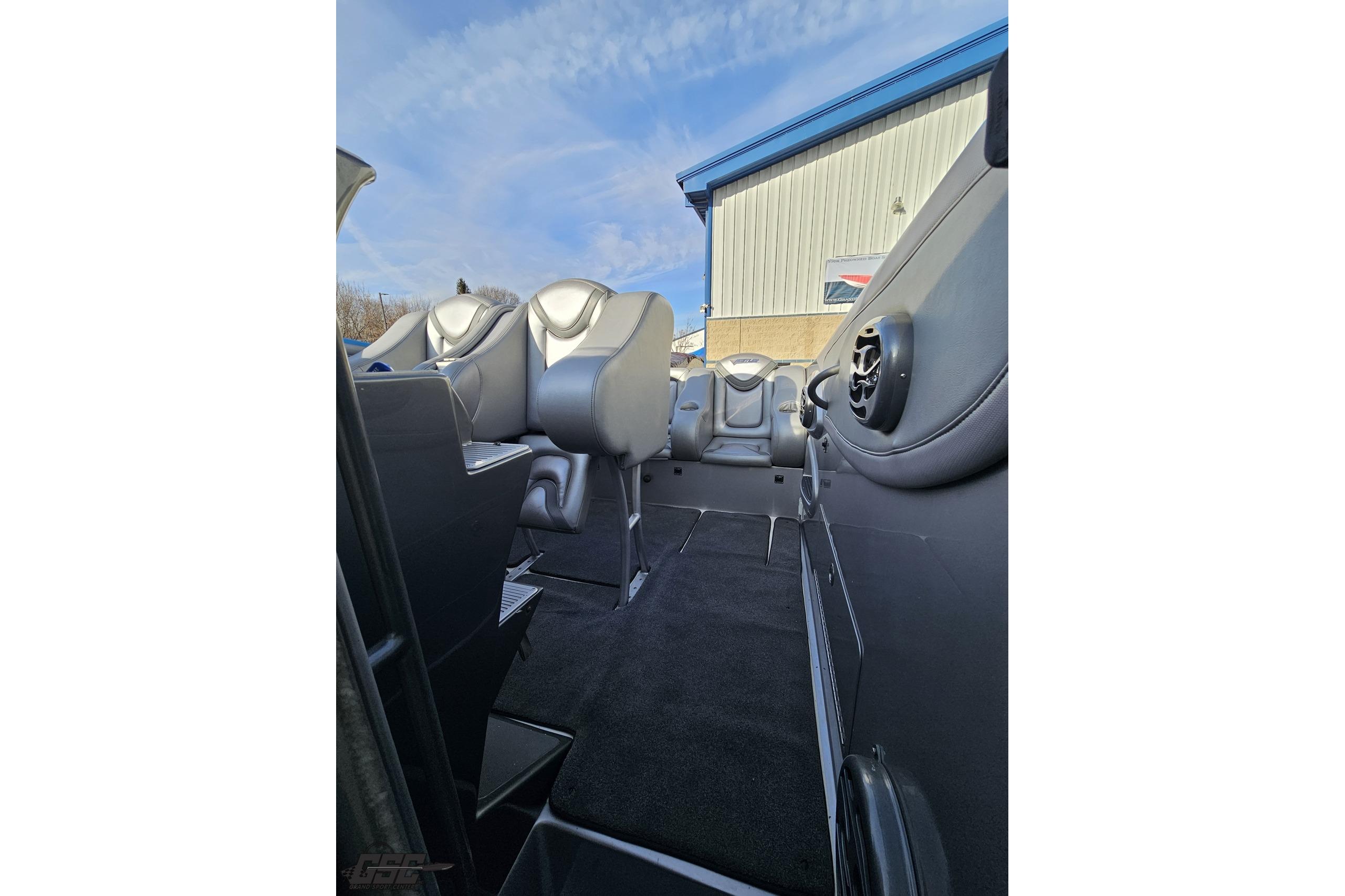 Interior of 2007 Hustler 41 Razor boat with sleek seating and modern design.