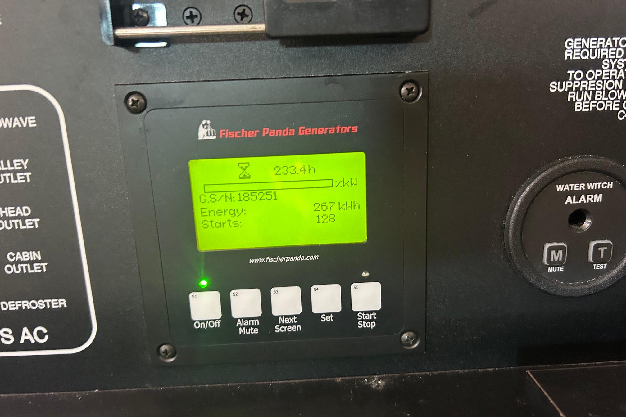 Fischer Panda generator control panel on 2019 Pursuit OS 355 Offshore boat.