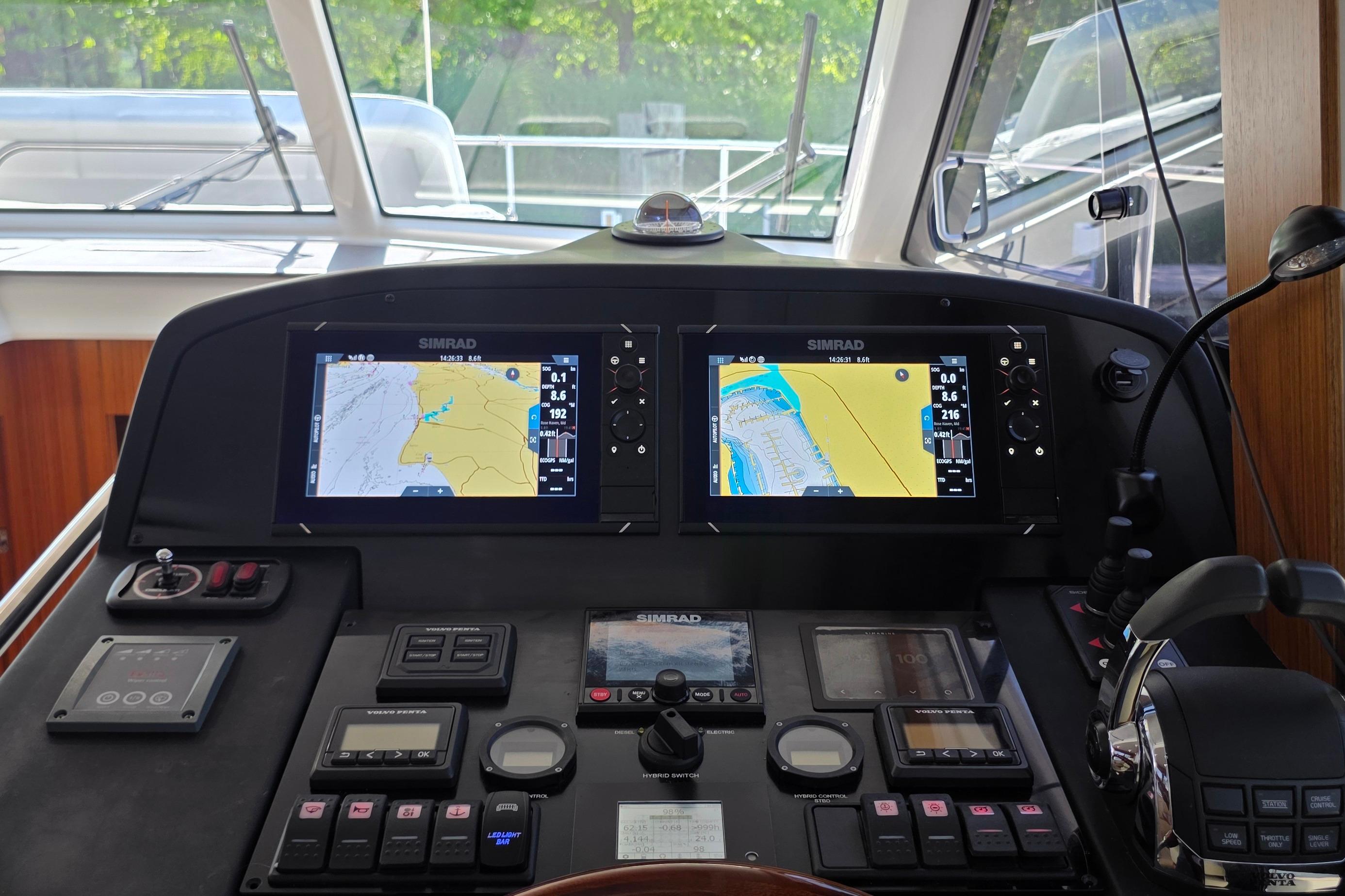 Helm of 2023 Greenline 40 yacht with dual Simrad navigation displays.