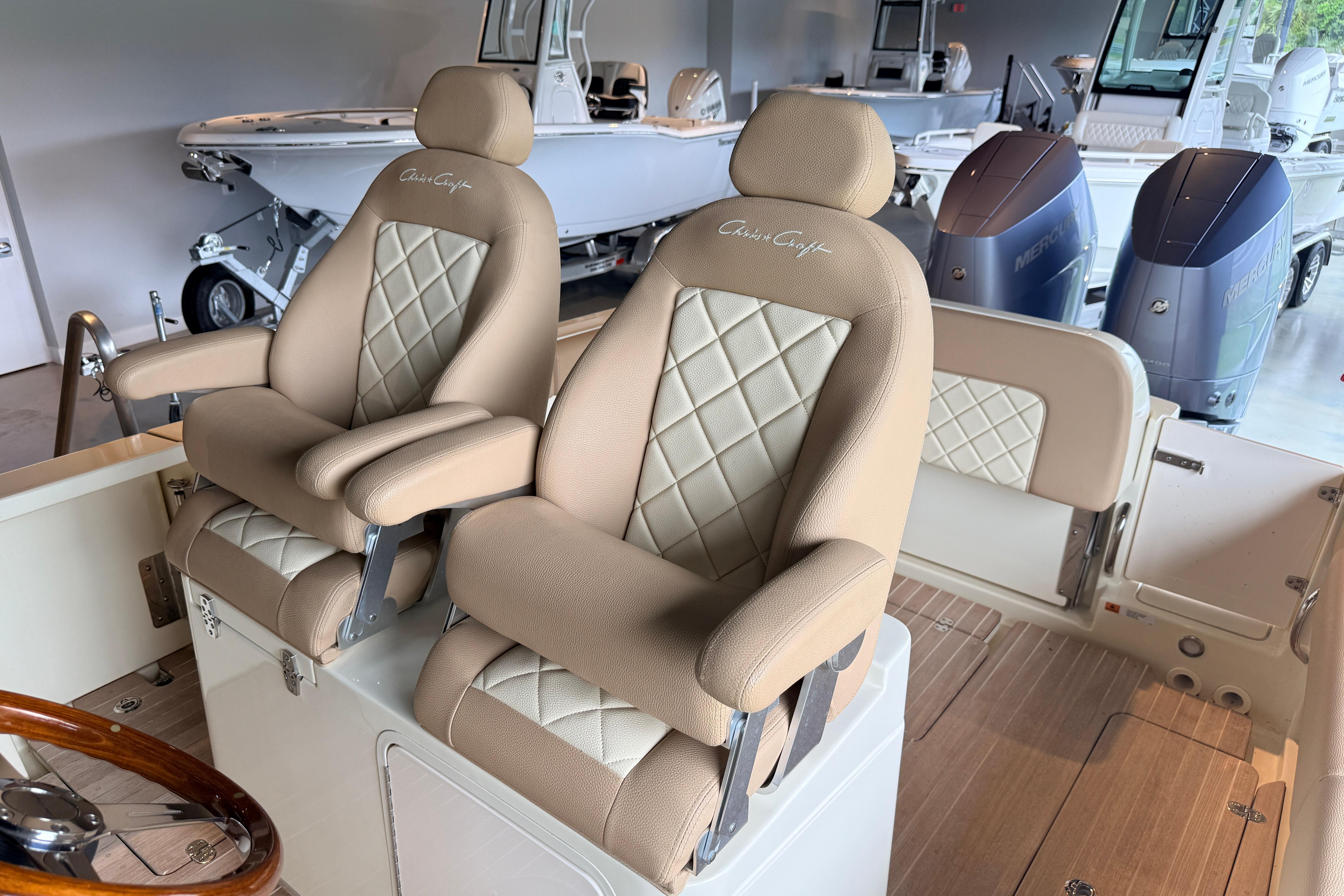 2024 Chris-Craft Catalina 30 boat interior with luxurious beige seating and modern design.