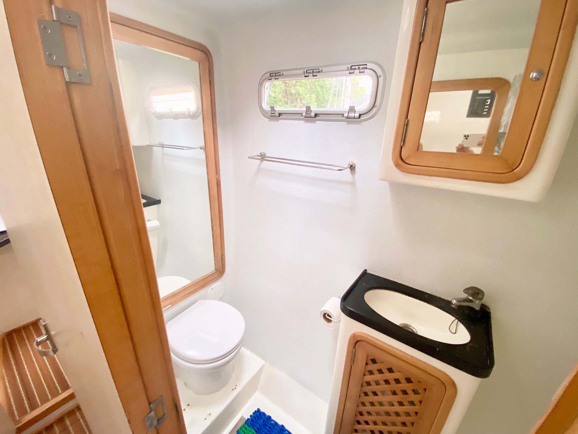 Bathroom interior of 2016 Celtic Yachts 40, featuring sink, toilet, and wooden accents.