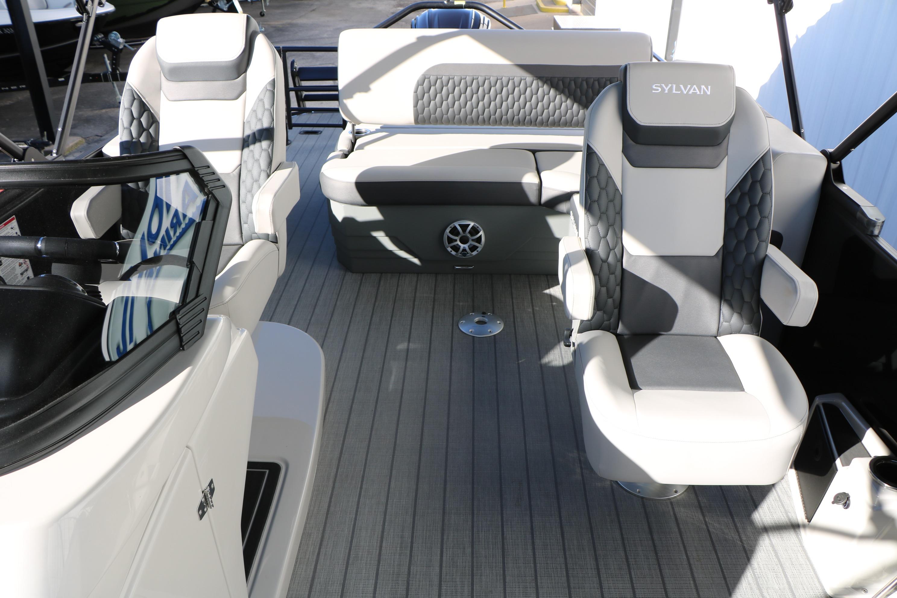 Interior of 2026 Sylvan L3 CLZ DH boat with modern seating and sleek design.