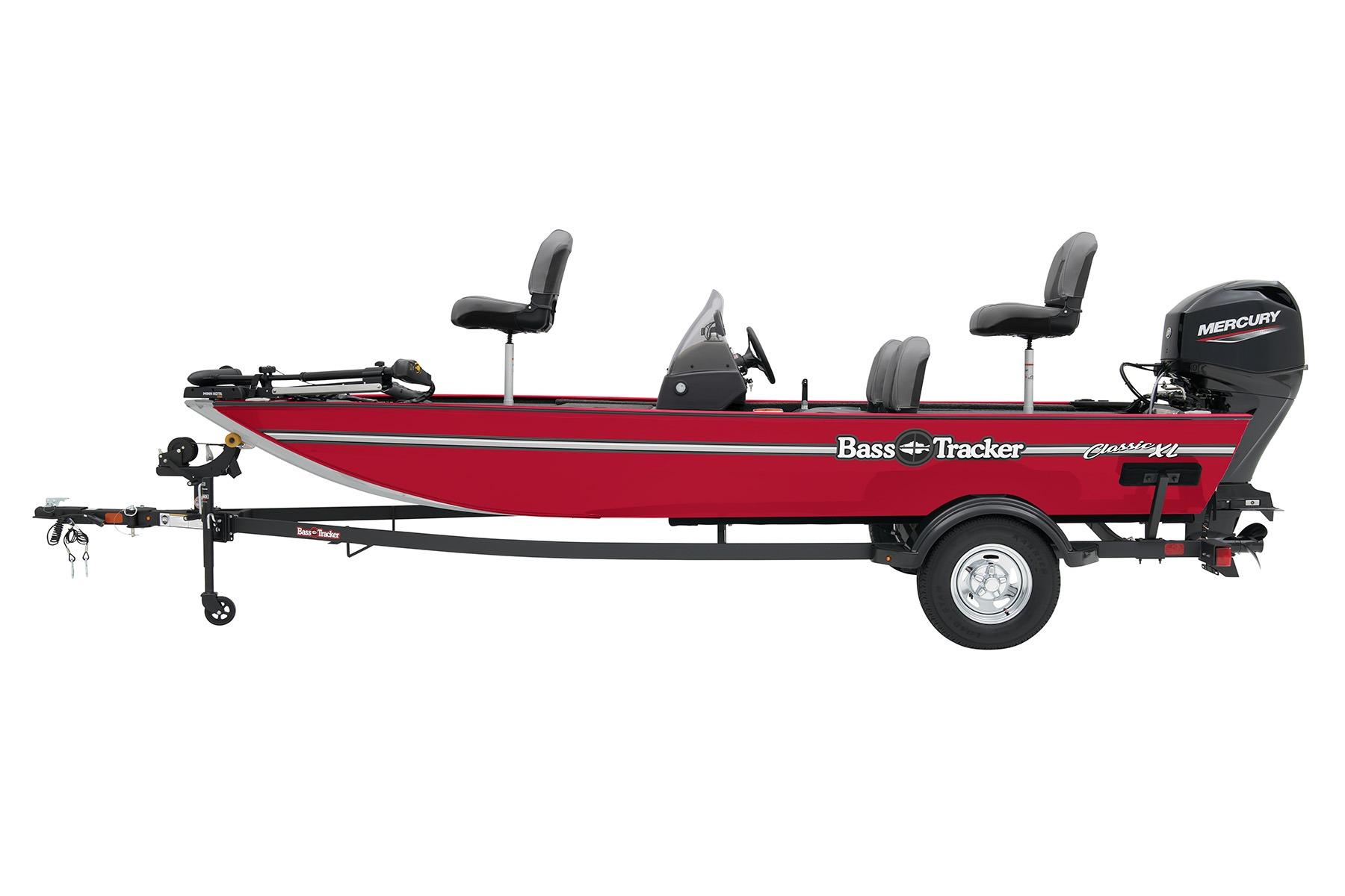 2026 Tracker Bass Tracker Classic XL boat with Mercury engine, red exterior, side view.