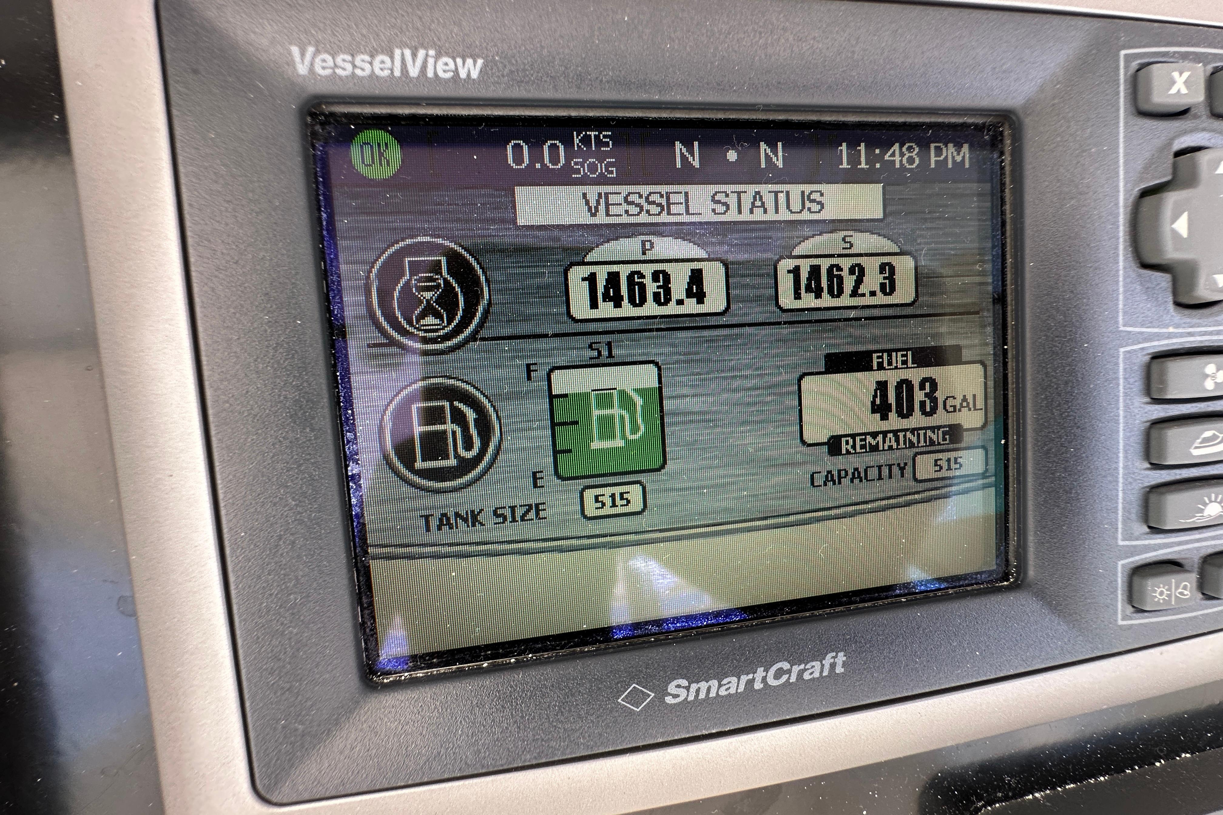VesselView display on 2012 Viking 42 Open showing fuel status and engine hours.