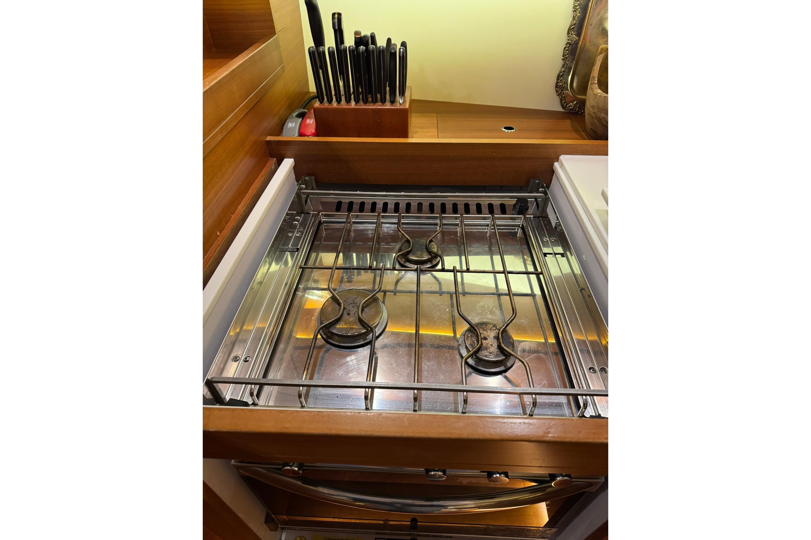 Stainless steel stove in 2016 Dufour 512 Grand Large yacht kitchen.