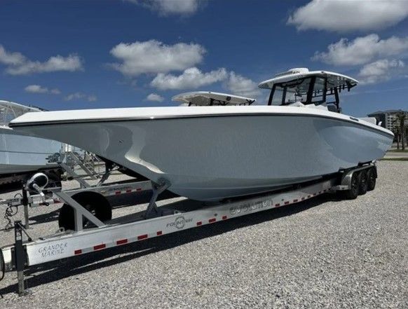 2023 Fountain 38 Tournament Edition boat on trailer.