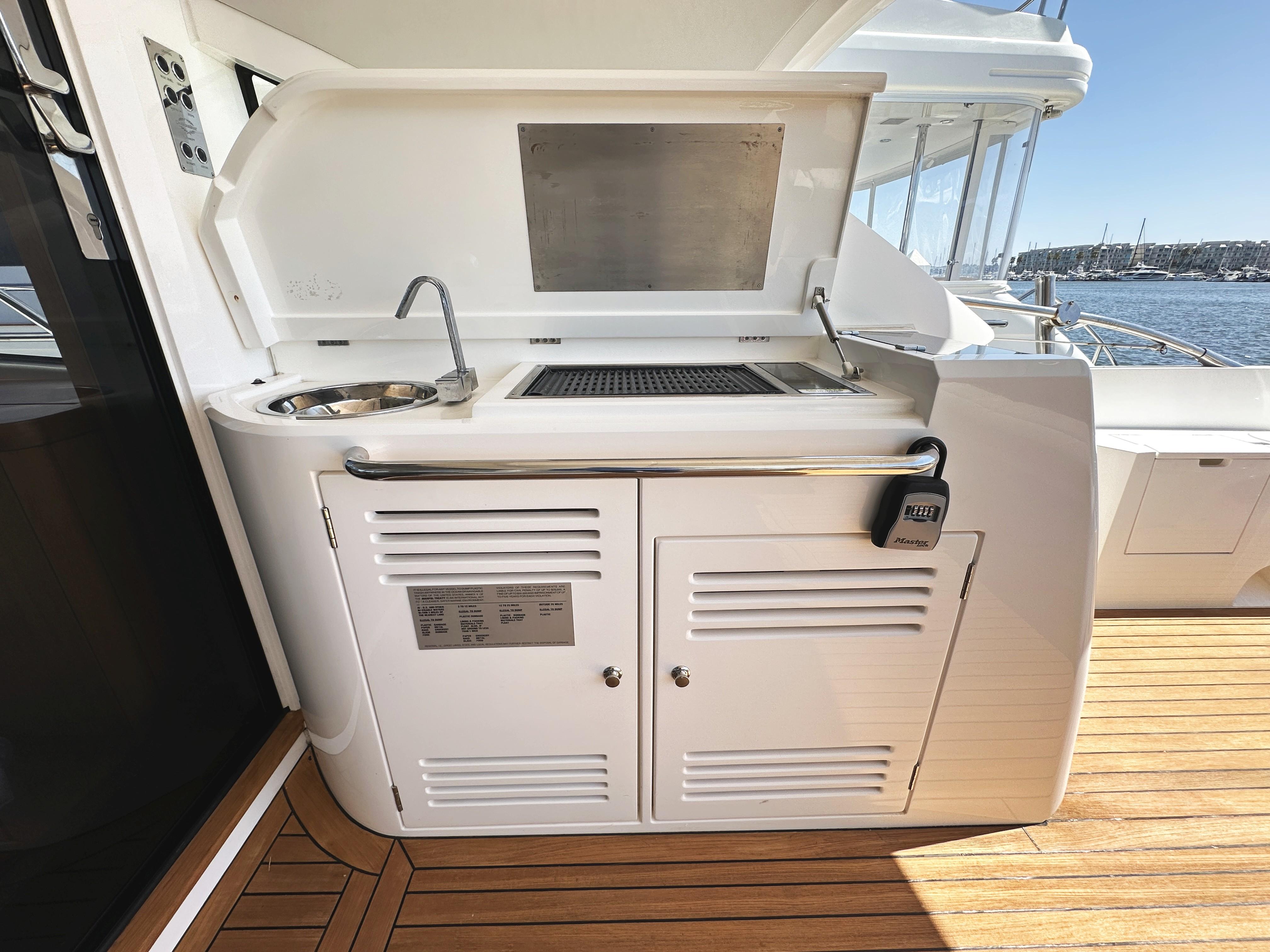 Outdoor kitchenette on 2019 Sunseeker Predator 57 yacht with sink and grill.