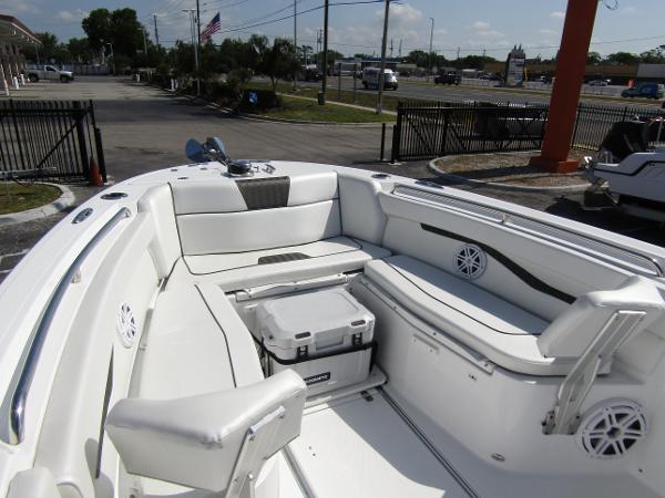 2024 Wellcraft 263 Fisherman boat interior with seating and storage.