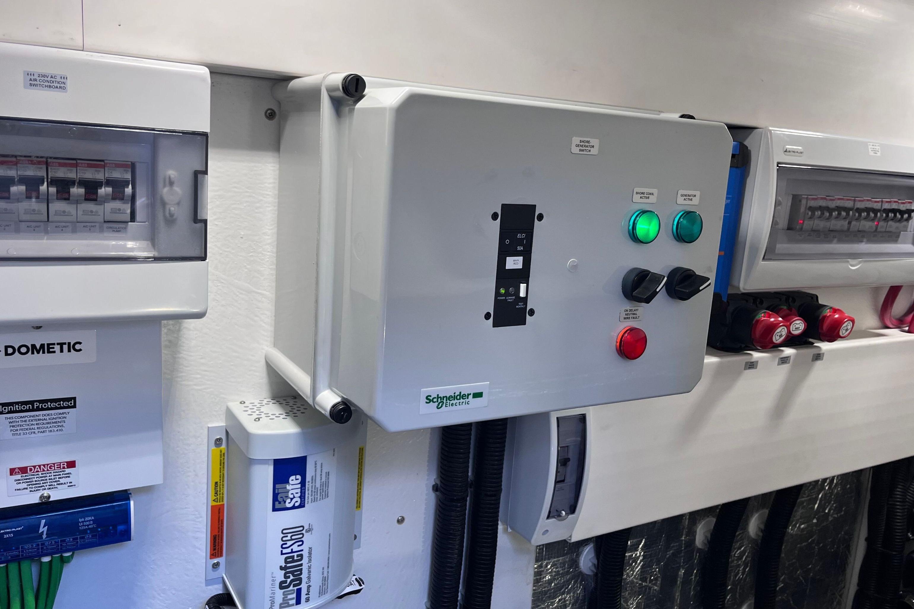 Electrical control panel on a 2024 Galeon 425 HTS yacht, featuring Schneider Electric components.