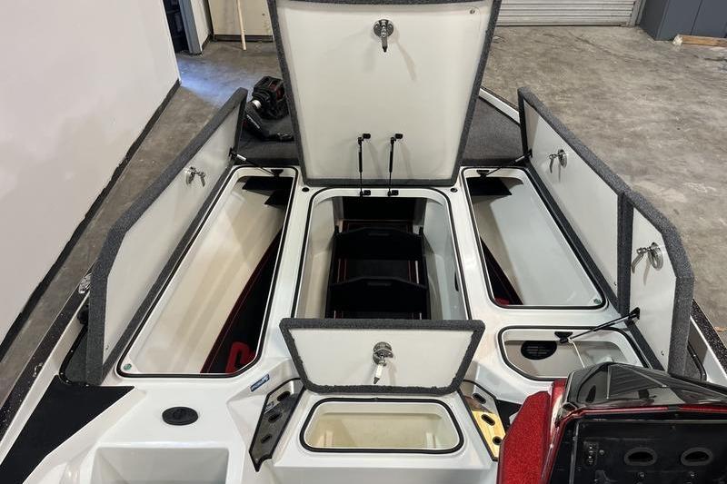 2022 Ranger Z520R boat storage compartments open, showcasing spacious interior design.