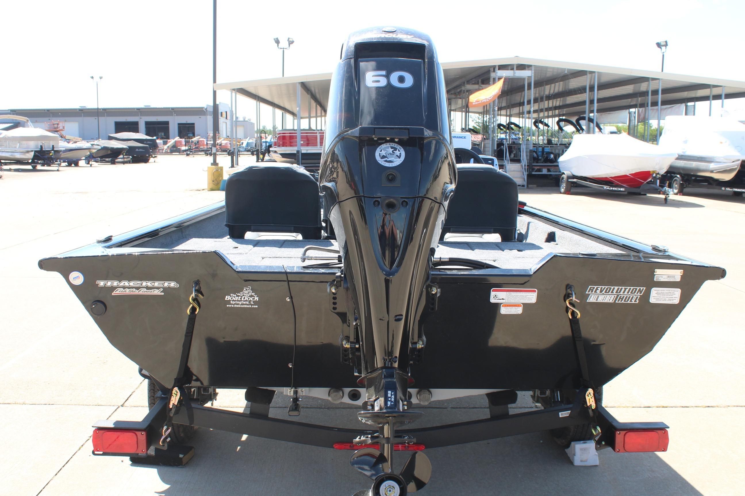 2026 Tracker Pro Team 175 Crappie Edition boat with 60 HP engine, rear view.