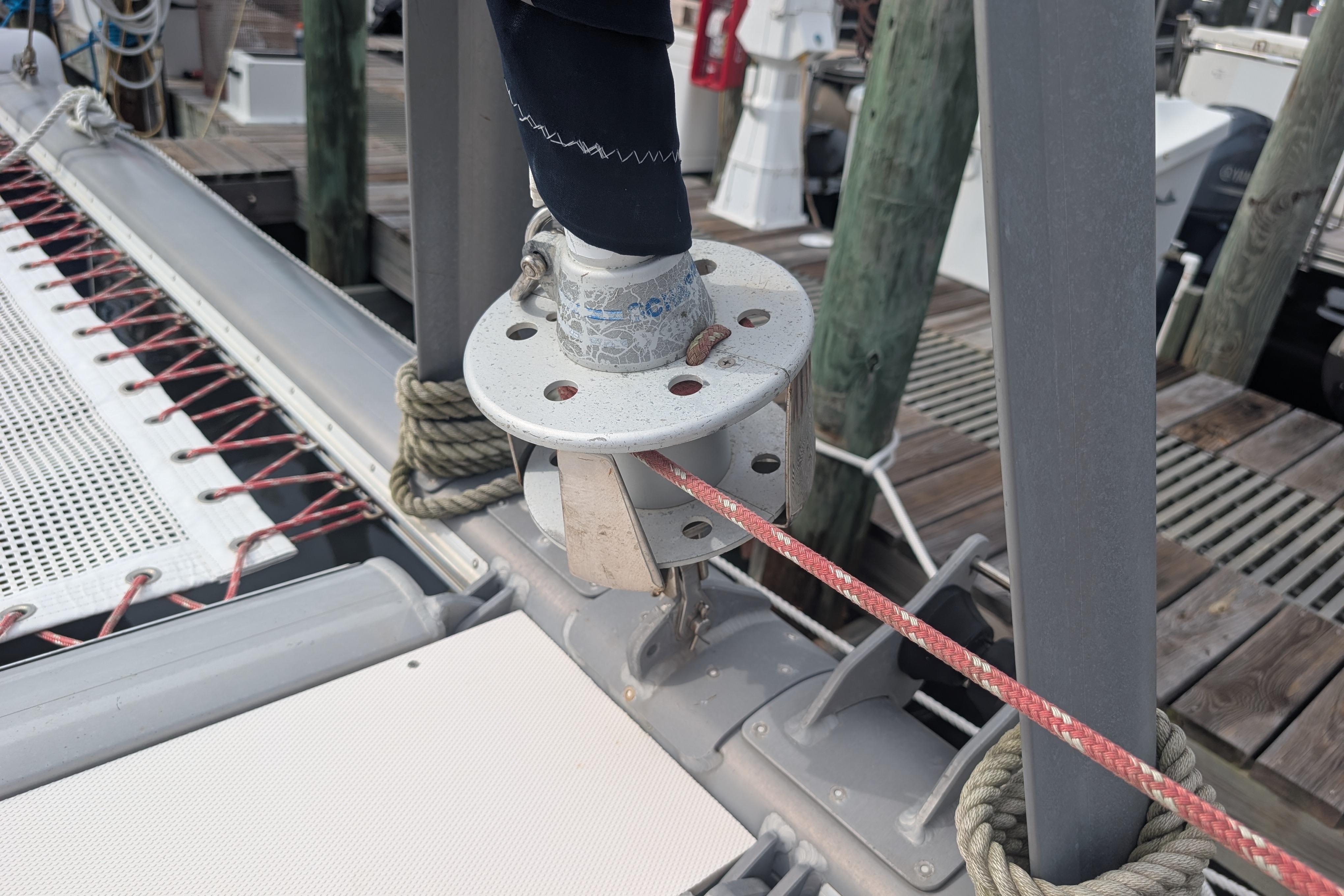Close-up of a 1999 Island Spirit 37 sailboat deck with rigging details.