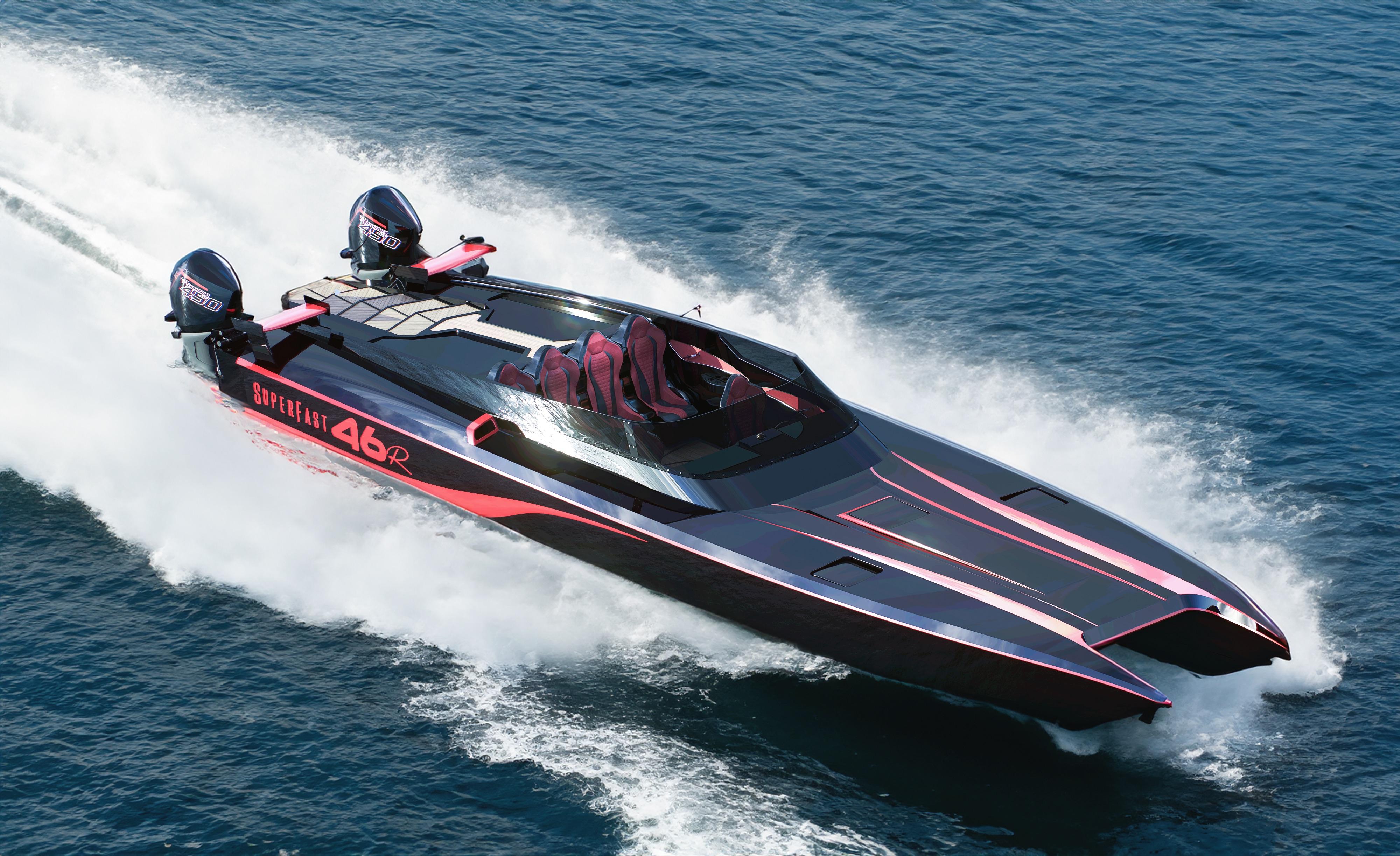 2025 VisionF Superfast 46R speedboat cruising on open water, showcasing sleek design and powerful engines.
