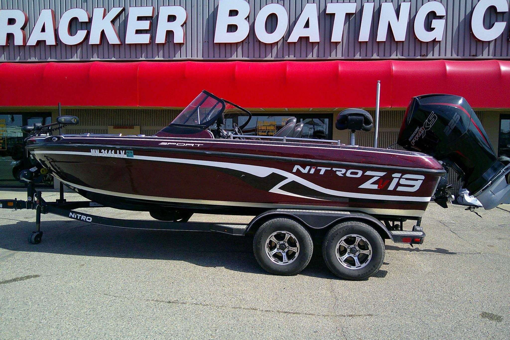 2019 Nitro ZV19 Sport boat on trailer outside Tracker Boating Center.