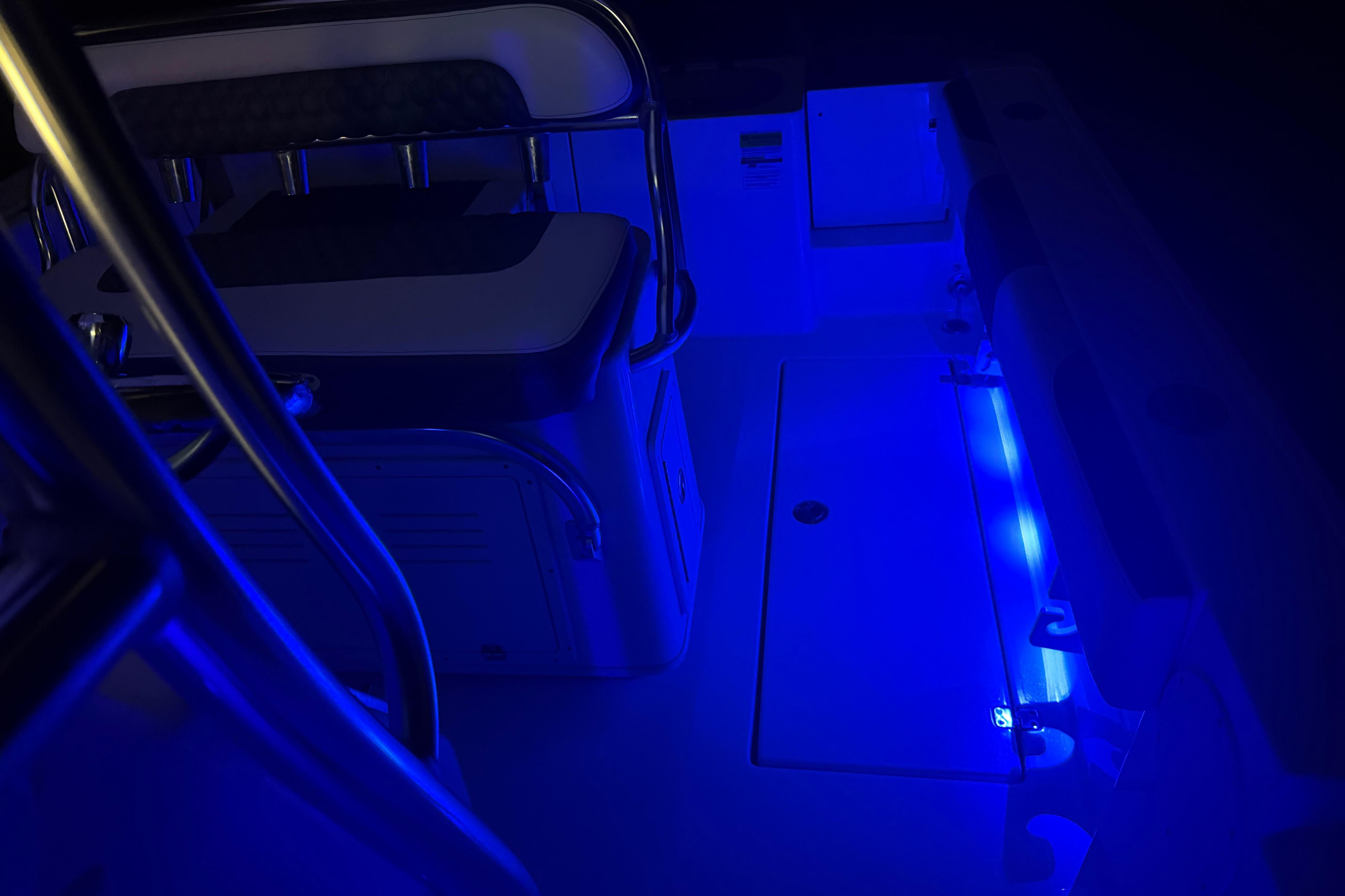 2023 Cobia 237 Center Console boat interior with blue LED lighting.