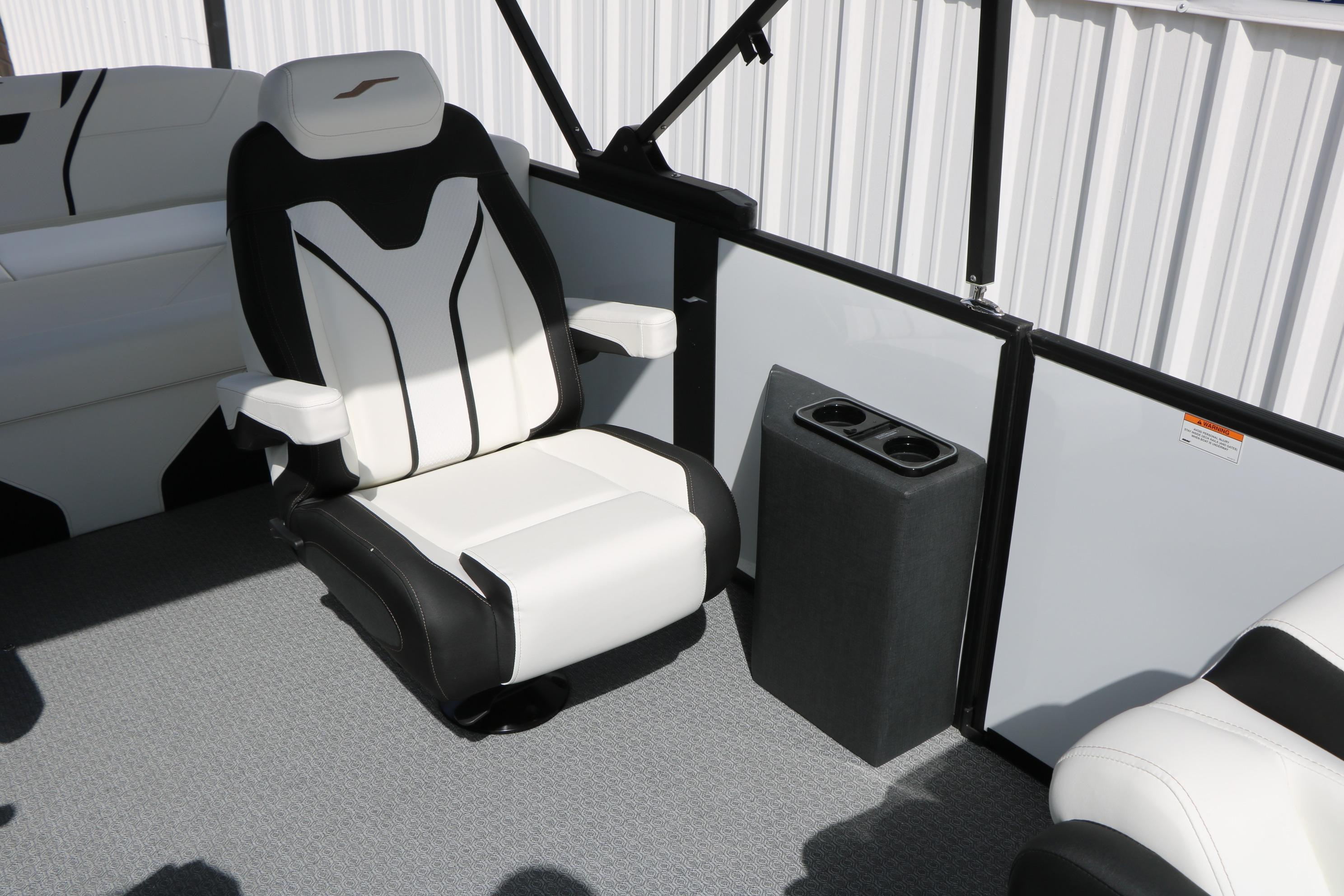 Luxury seating in 2026 Evotti 725 CS Tri-Toon boat interior.
