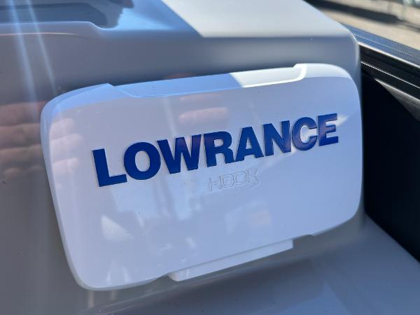 Lowrance Hook device on a 2023 Viaggio Lago 22U Tri Toon.