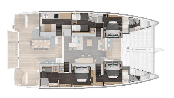 Floor plan of 2025 Lagoon 60 yacht, featuring spacious cabins and modern amenities.