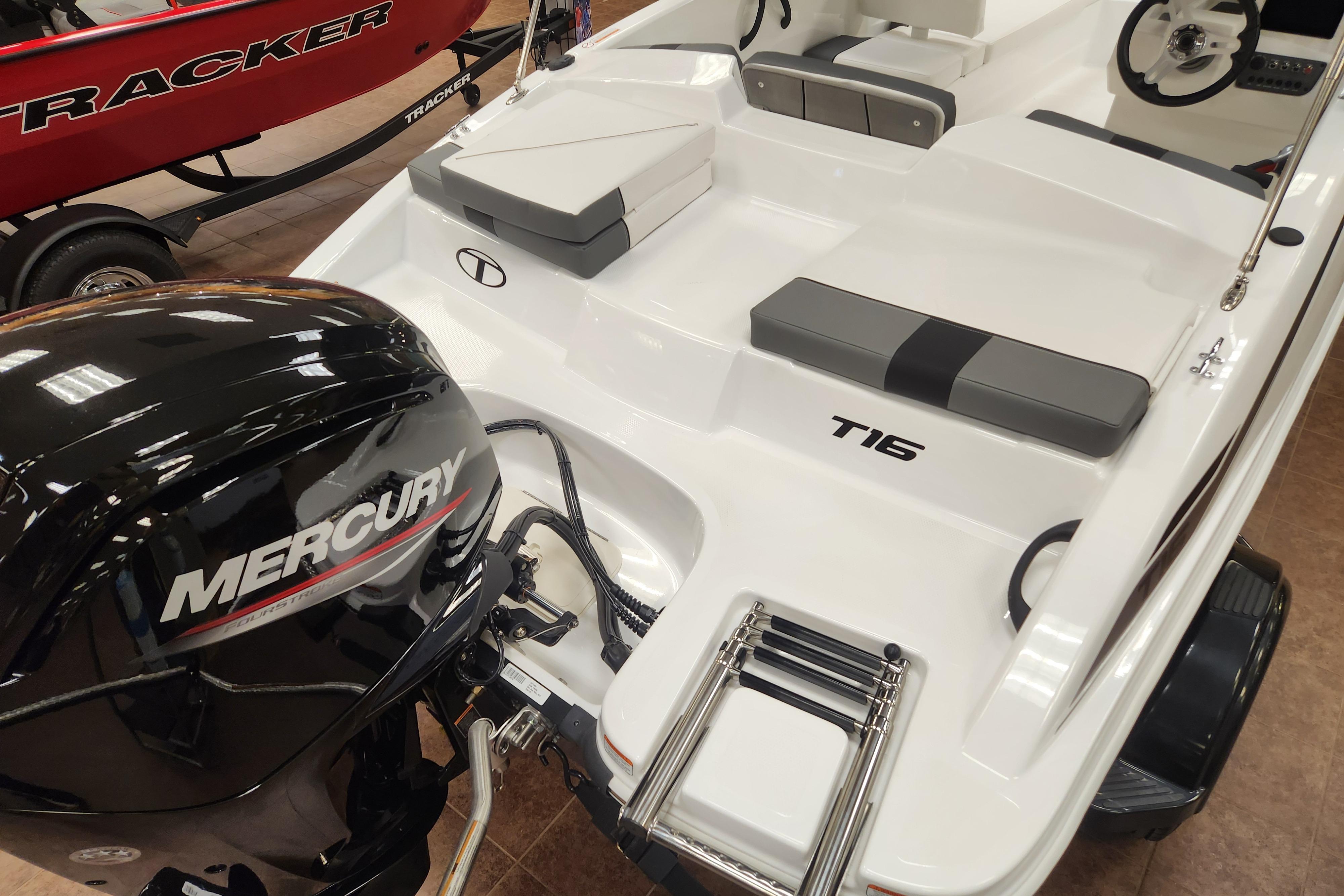2026 Tahoe T16 boat with Mercury engine, featuring sleek design and comfortable seating.