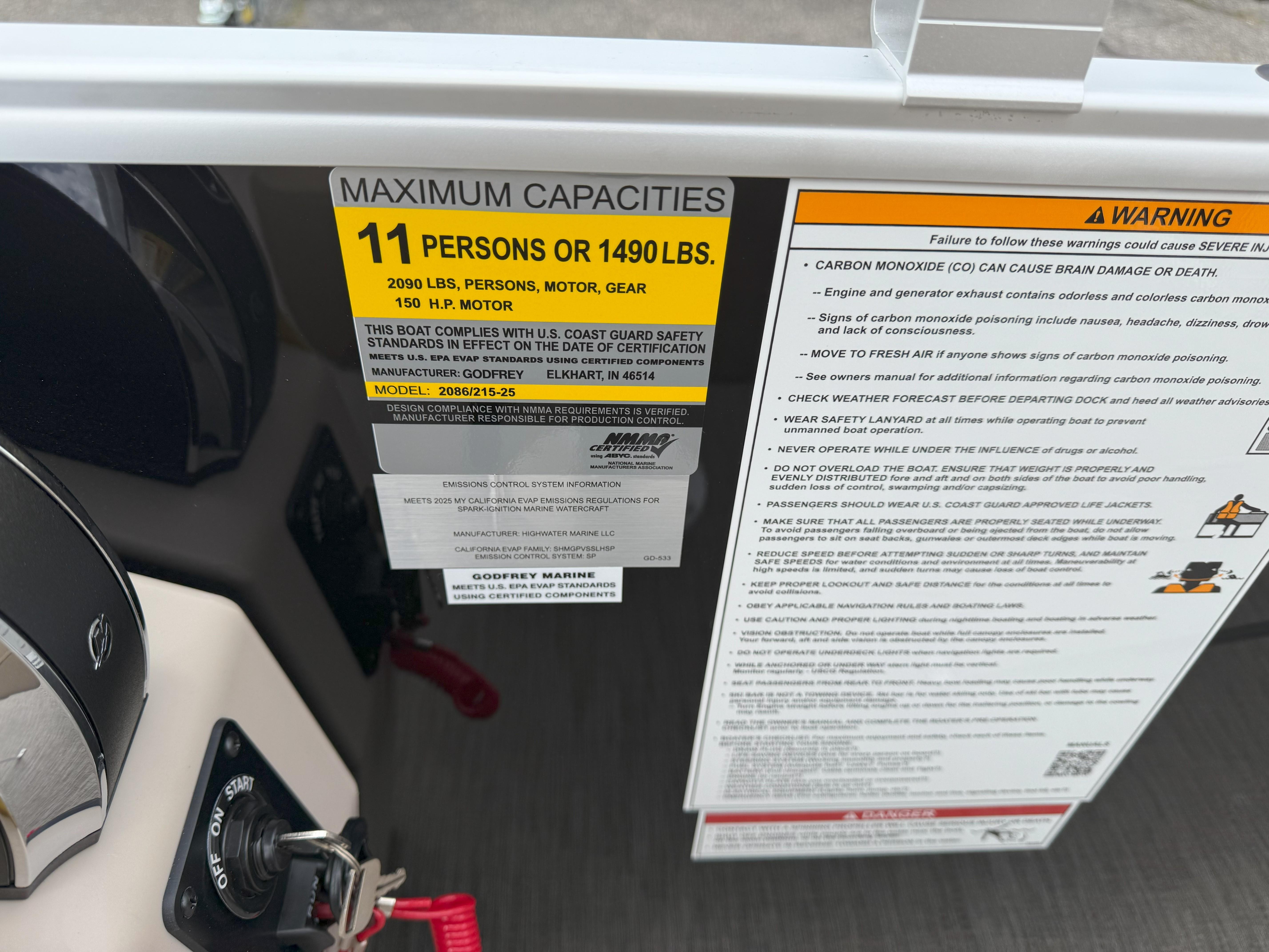 Boat capacity label for 2025 Godfrey EX2086SFLX, max 11 persons or 1490 lbs.