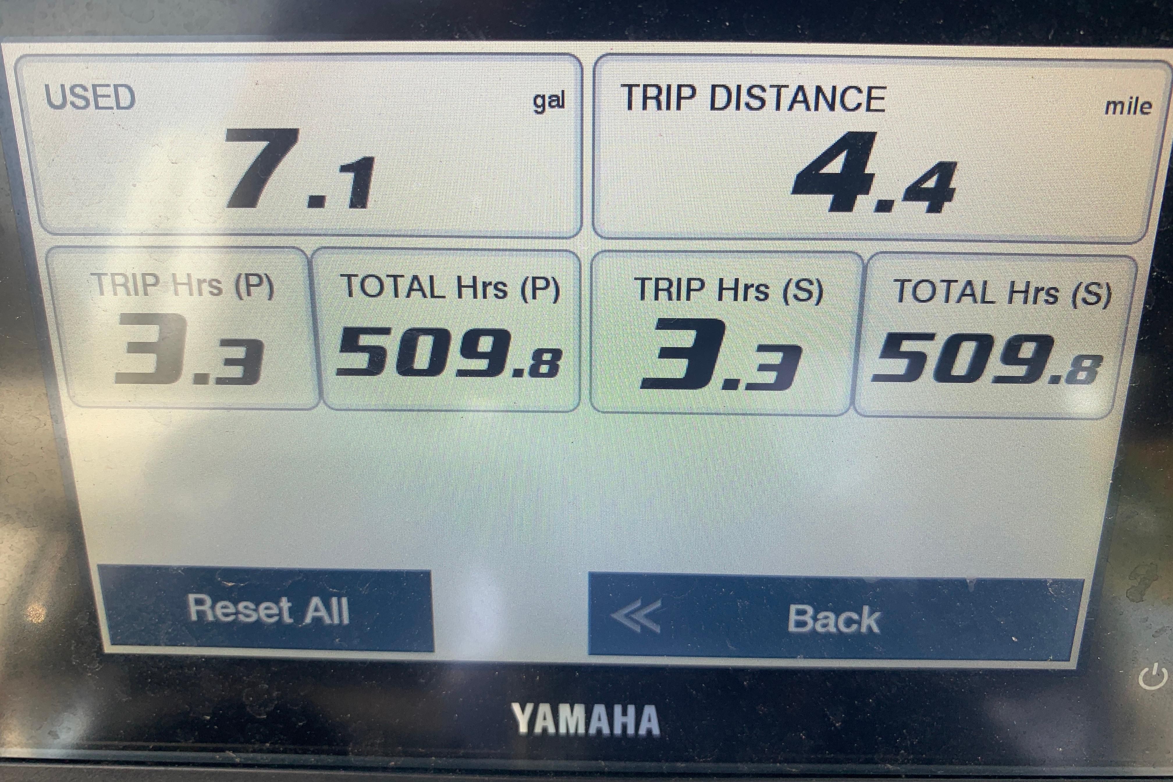 Yamaha display showing fuel usage and trip data for Tidewater 256 CC Adventure, 2021 model.