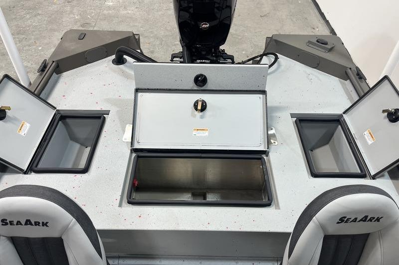 2026 SeaArk Flex 19 Pro boat interior with storage compartments and seating.