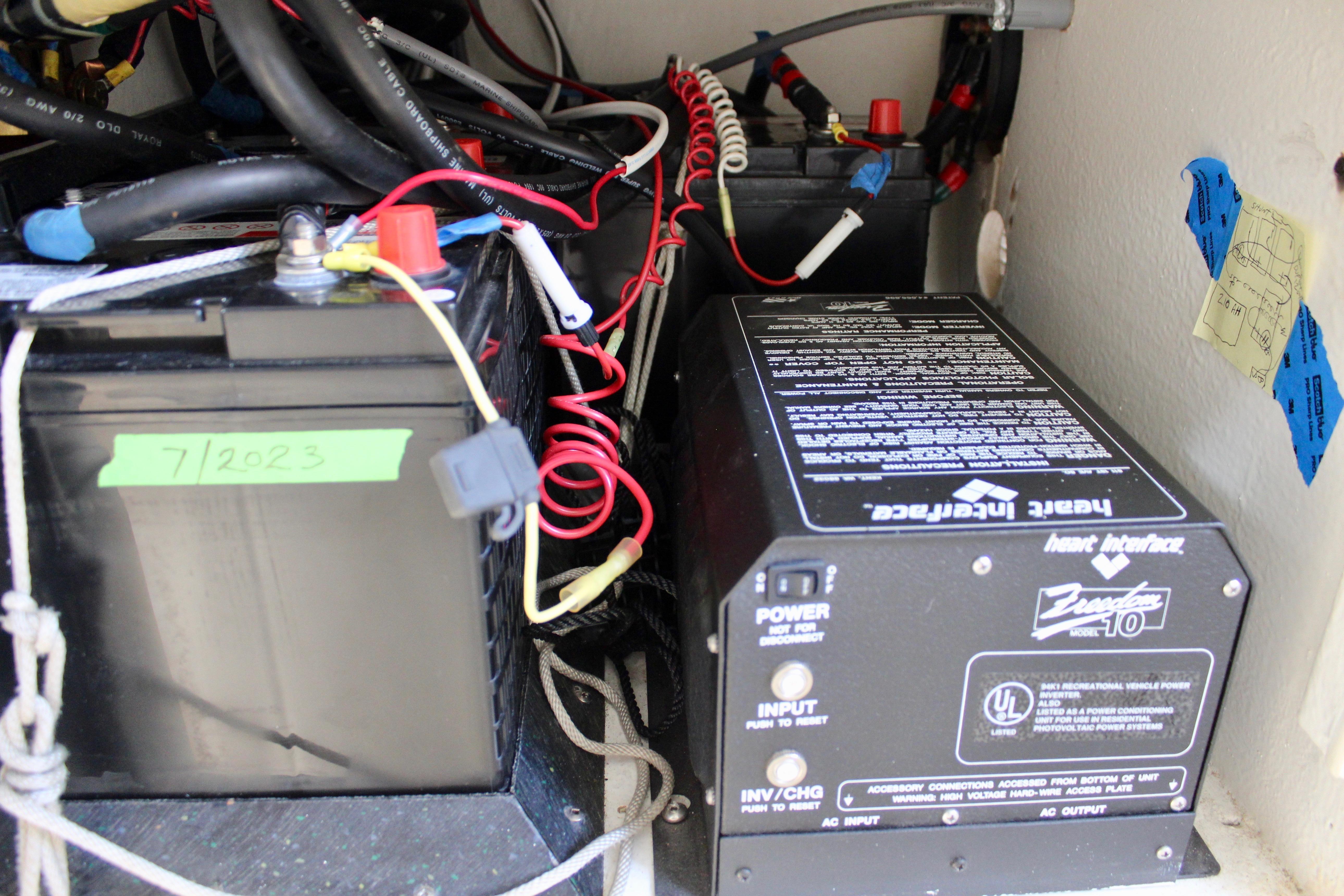 Electrical system with batteries and inverter in a 1993 Freya 39 boat.