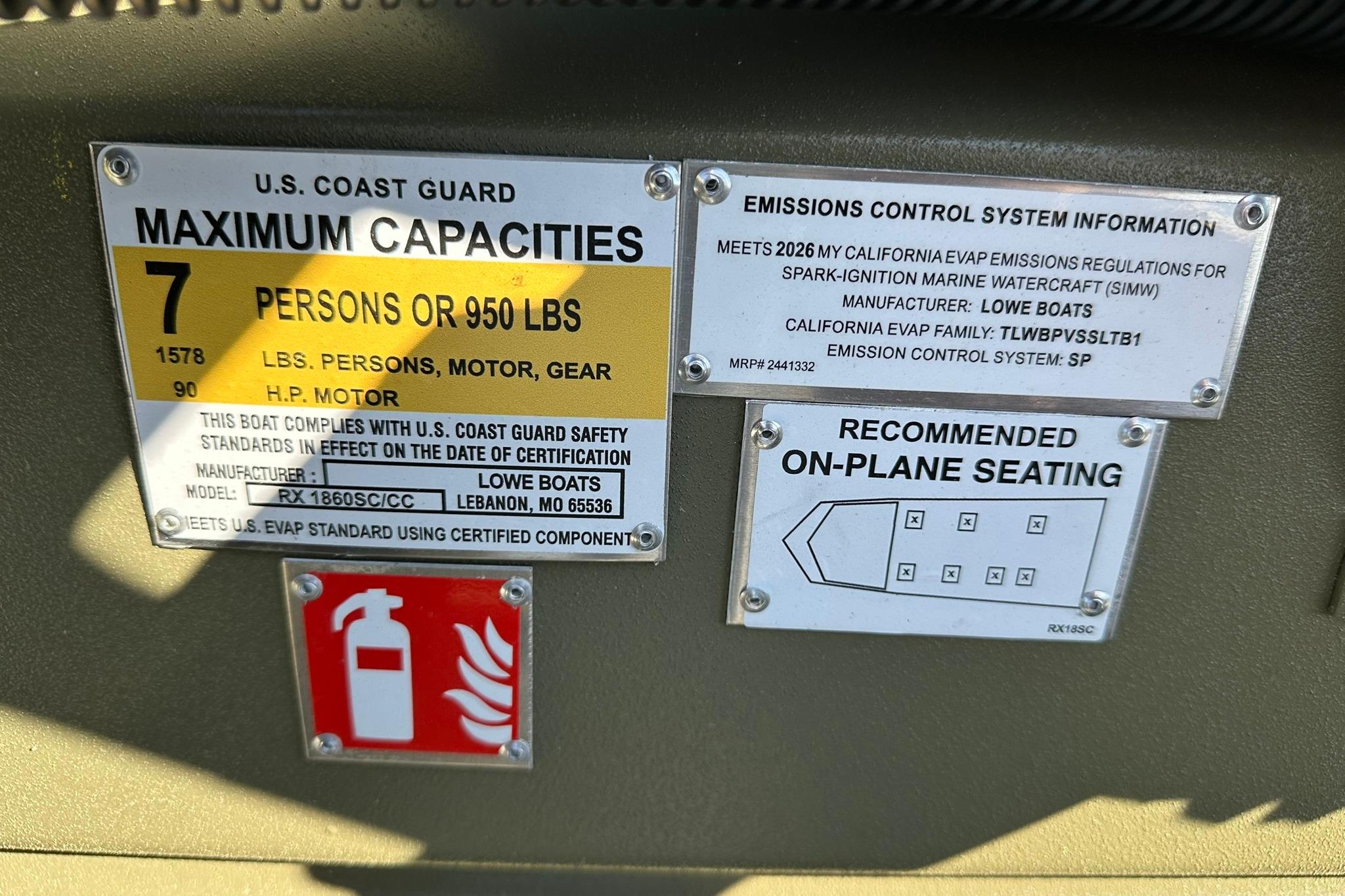 2026 Lowe Roughneck 1860SC capacity and emissions labels, U.S. Coast Guard compliance, seating diagram.