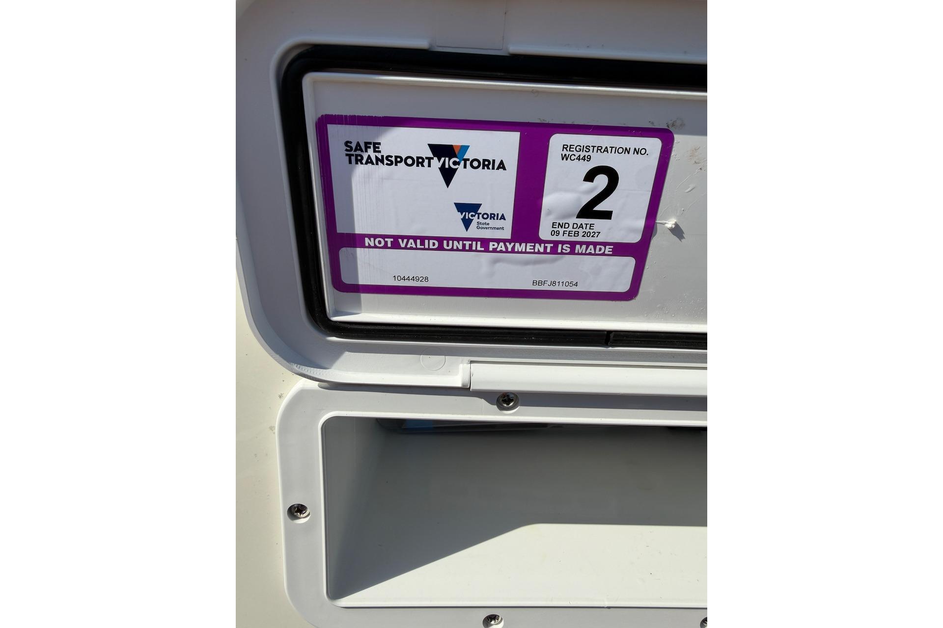 Safe Transport Victoria registration sticker on 2022 Brig Navigator 485 boat.