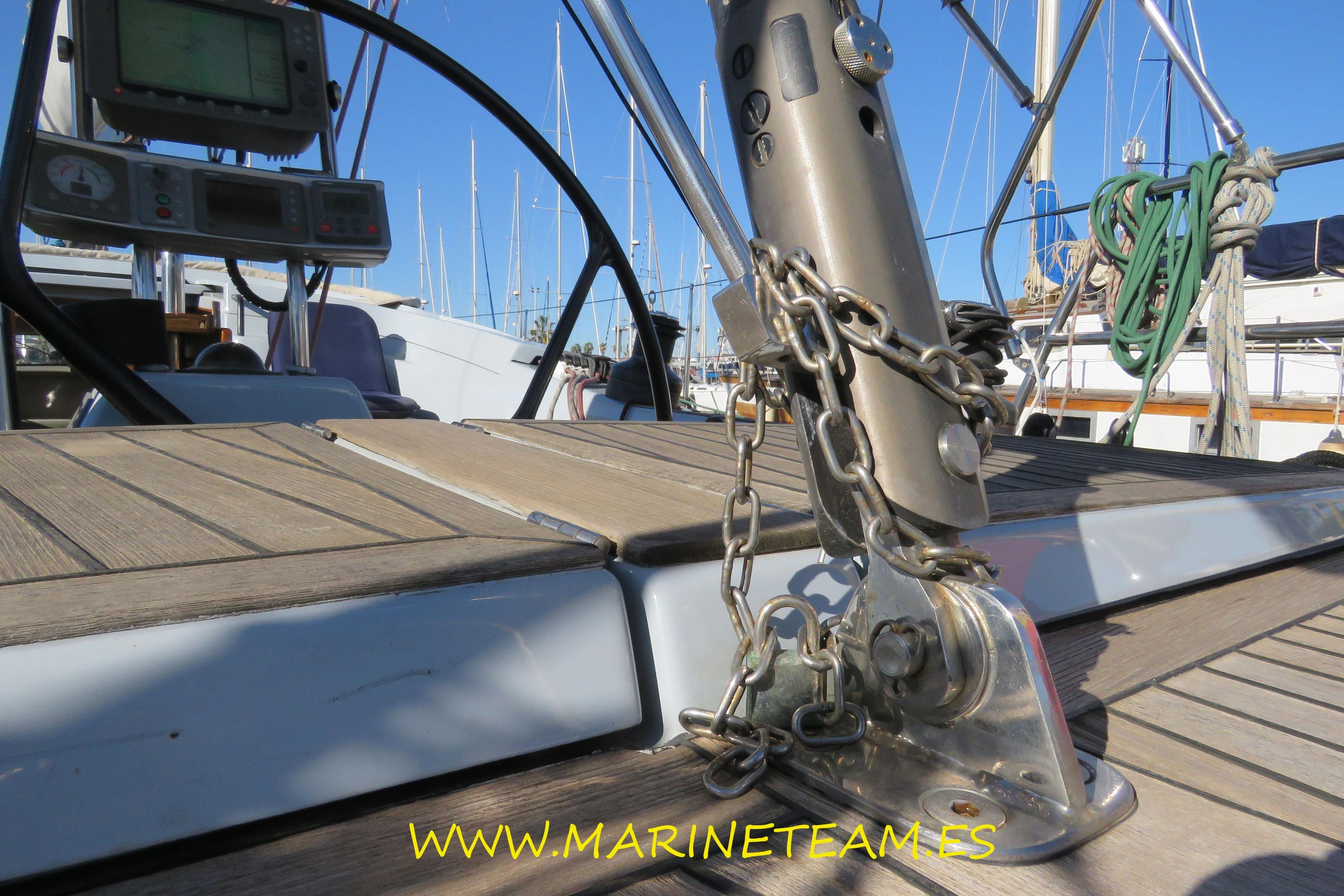 Deck of 2005 Shipman 50 sailboat with rigging and navigation equipment.