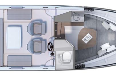 Top view of 2026 Beneteau Flyer 8 SUNdeck layout, featuring seating and cabin areas.
