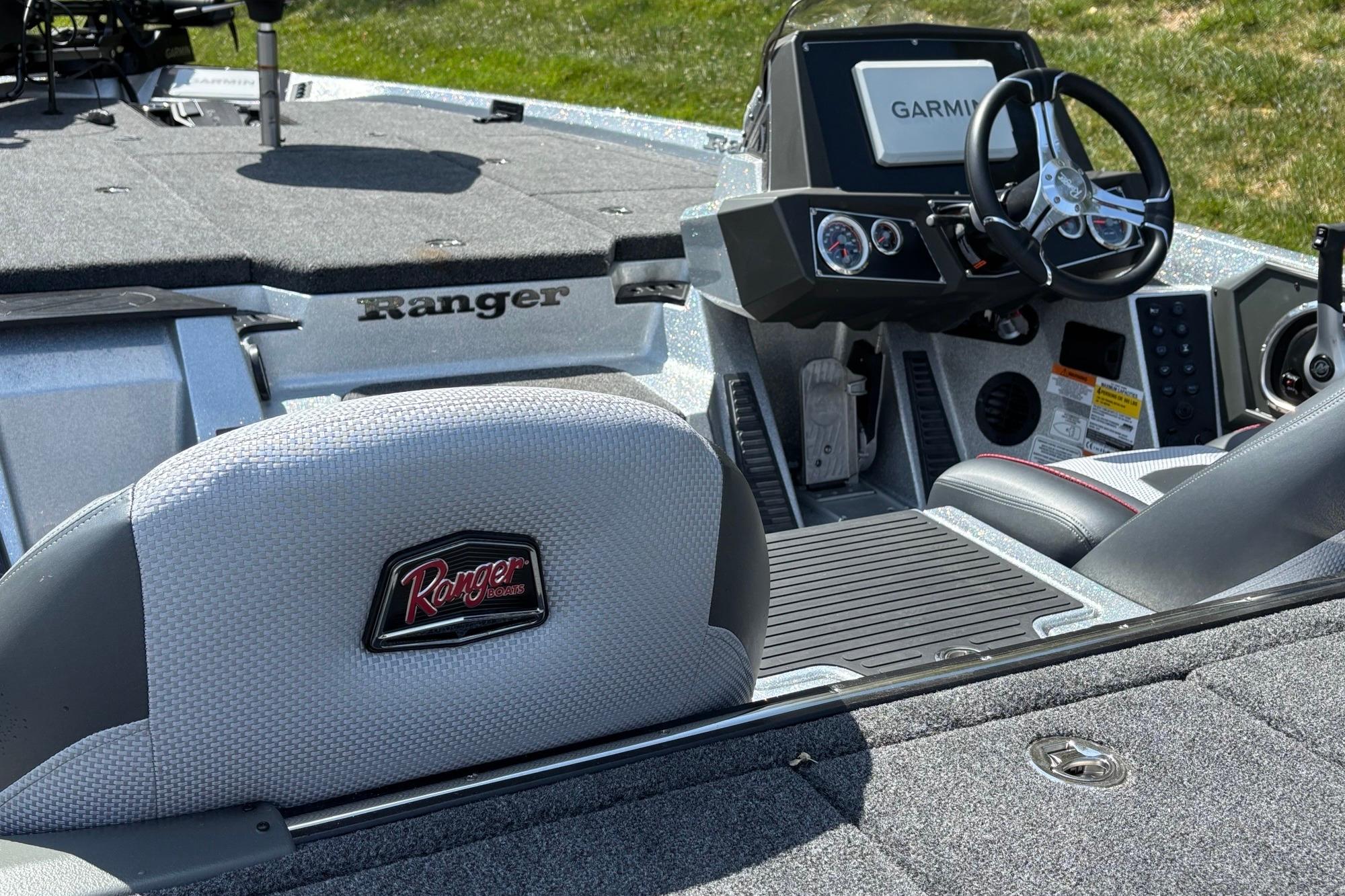 2026 Ranger Z518 Cup-Equipped boat interior with Garmin navigation system and branded seating.