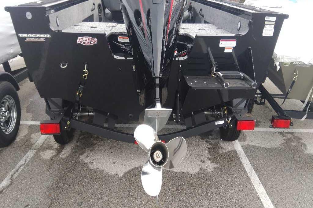 2026 Tracker Targa V-18 Combo boat rear view with propeller and trailer.