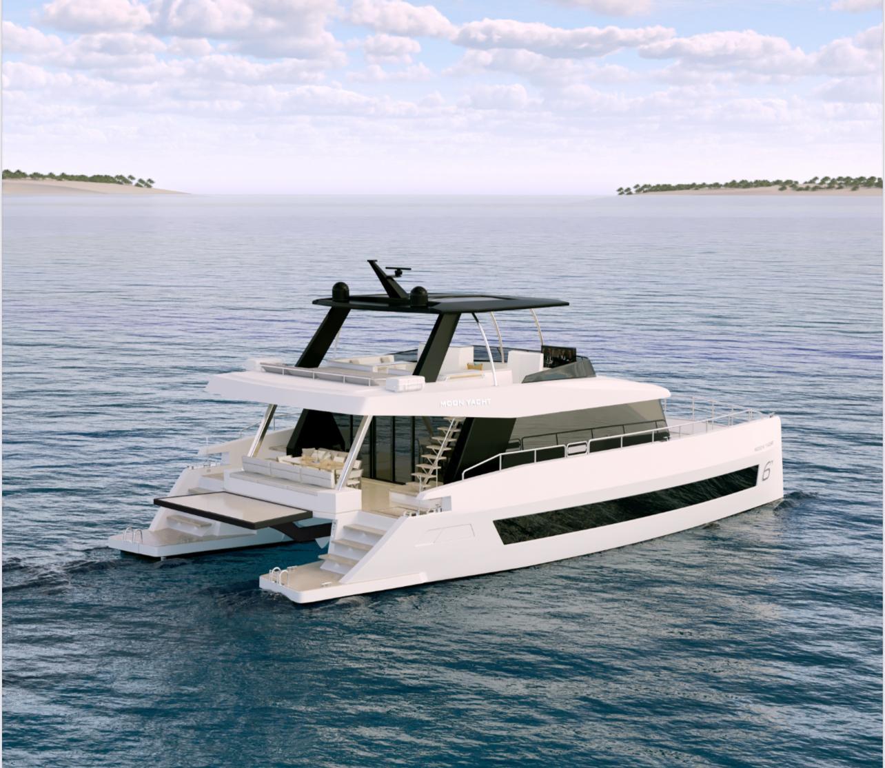 Luxurious 2025 Moon 60 Power yacht cruising on serene ocean waters.