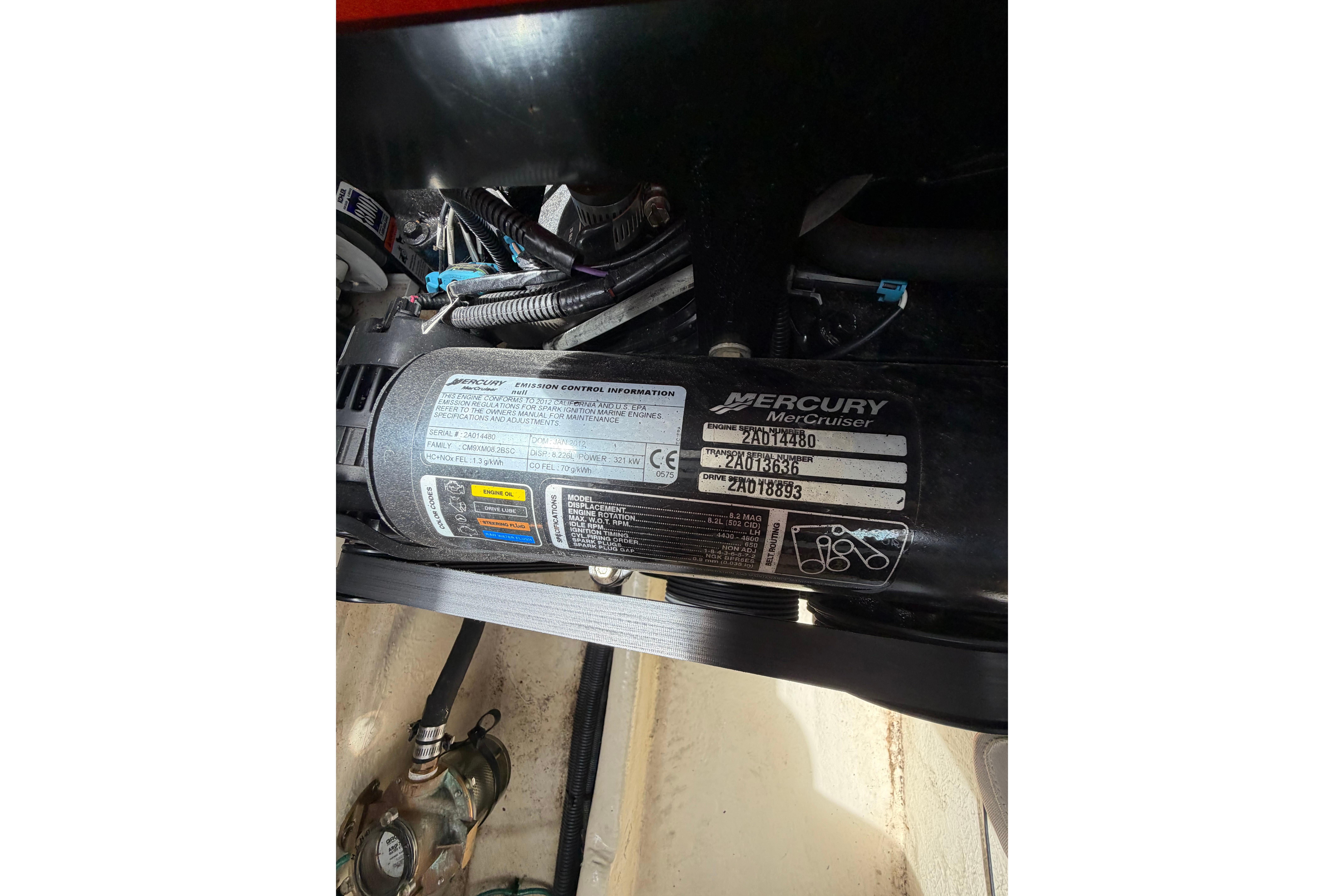 Mercury MerCruiser engine label on 2012 Sea Ray Sundancer 370 boat.