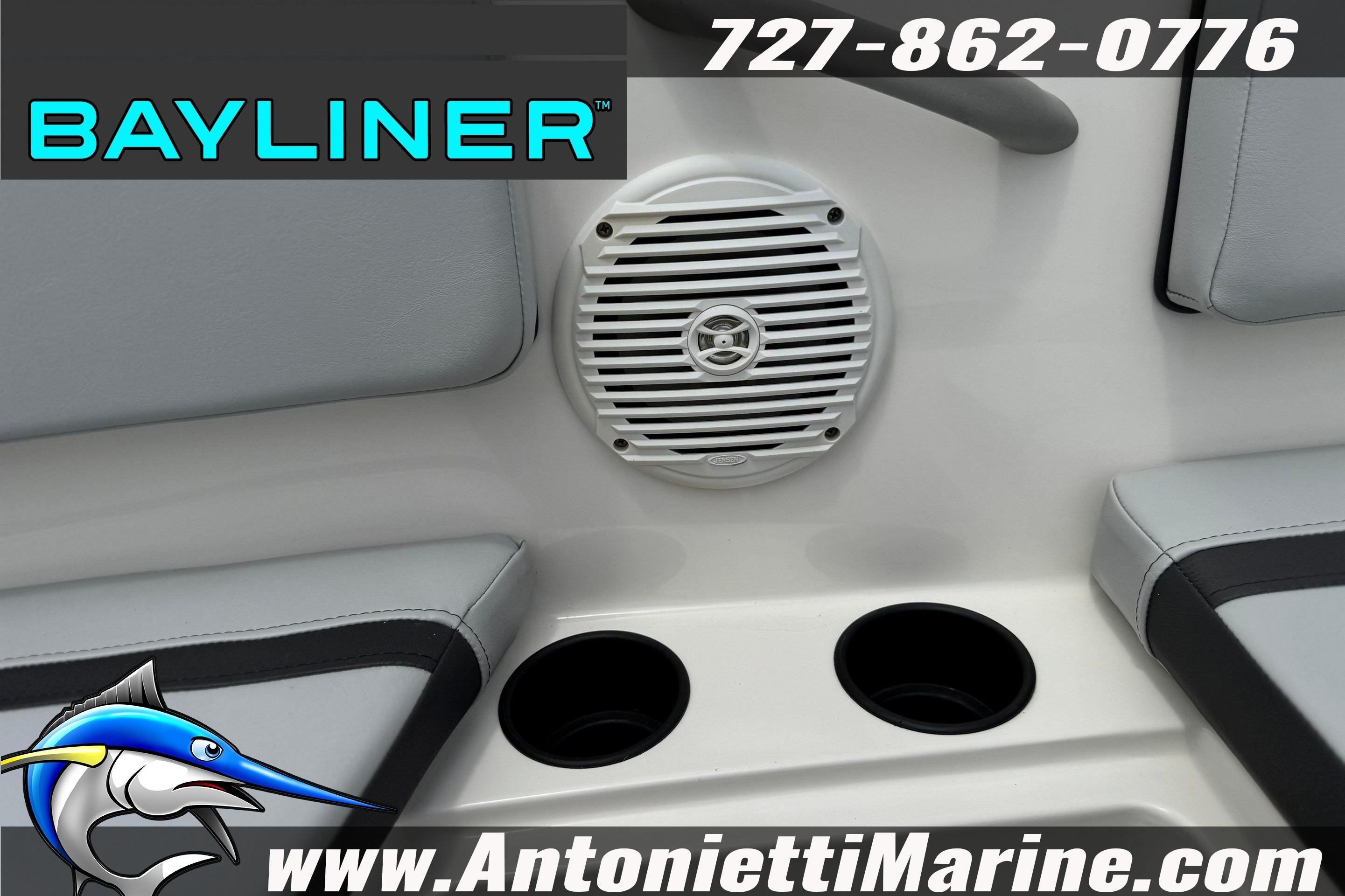 2024 Bayliner Element M15 boat interior with speaker and cup holders, Antonietti Marine branding.